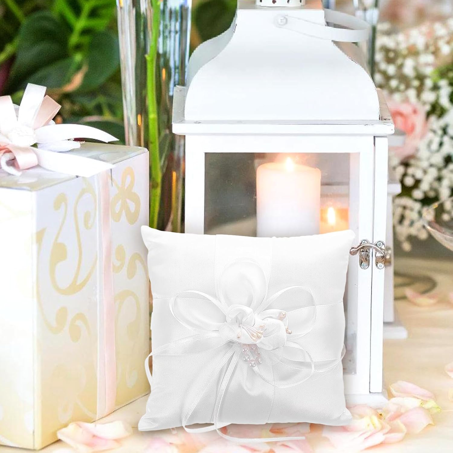 Beavorty White Bowknot Ring Pillow Square Wedding Ring Bearer Cushion Decorative Pillow for Ceremony Wedding Party
