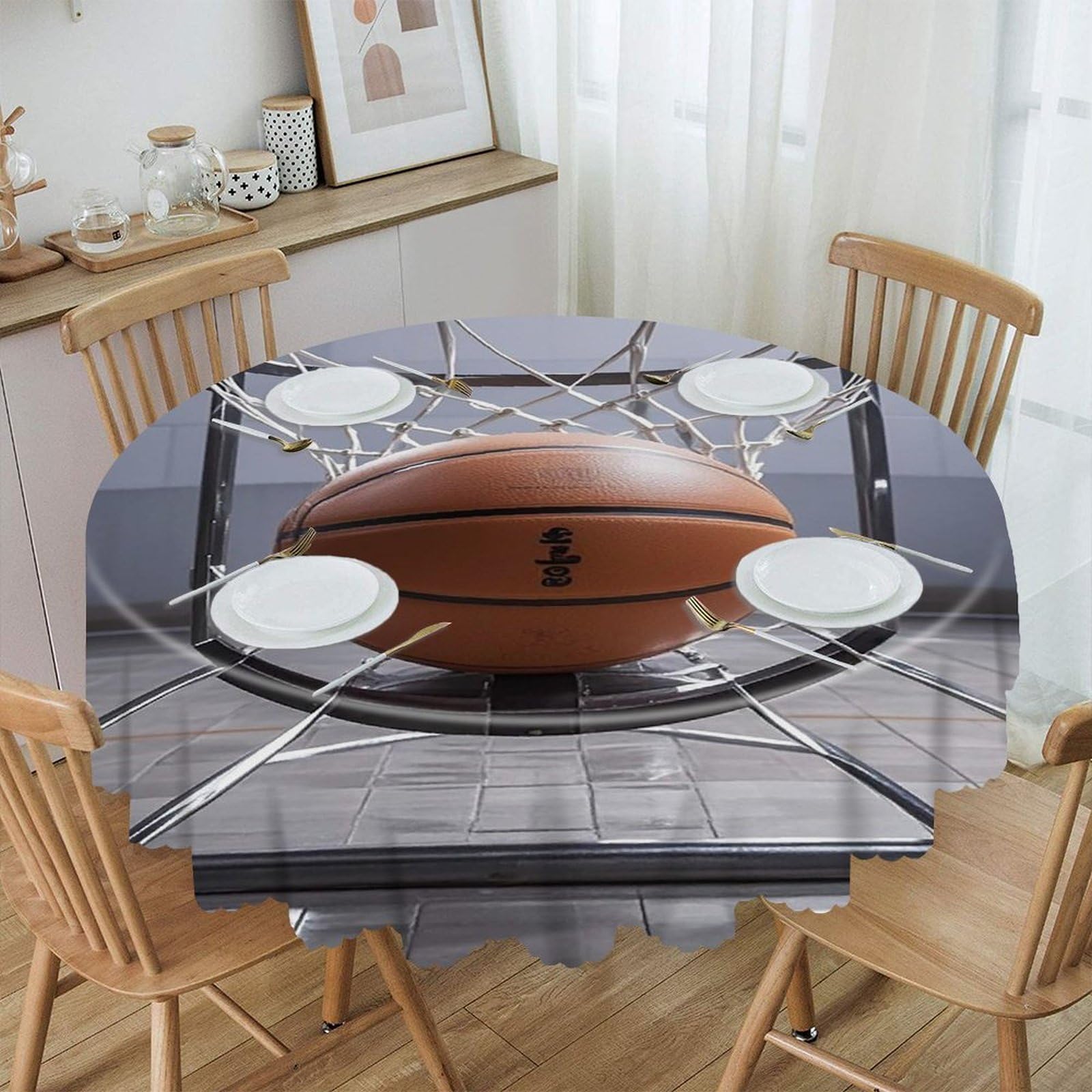 FekiLoot 60 Inch Round Basketball Tablecloth Waterproof Heavy Duty Polyester Table Cloth Spill-Proof Wipeable Table Cover Decorative Circle Dining Tablecover for Party Outdoor