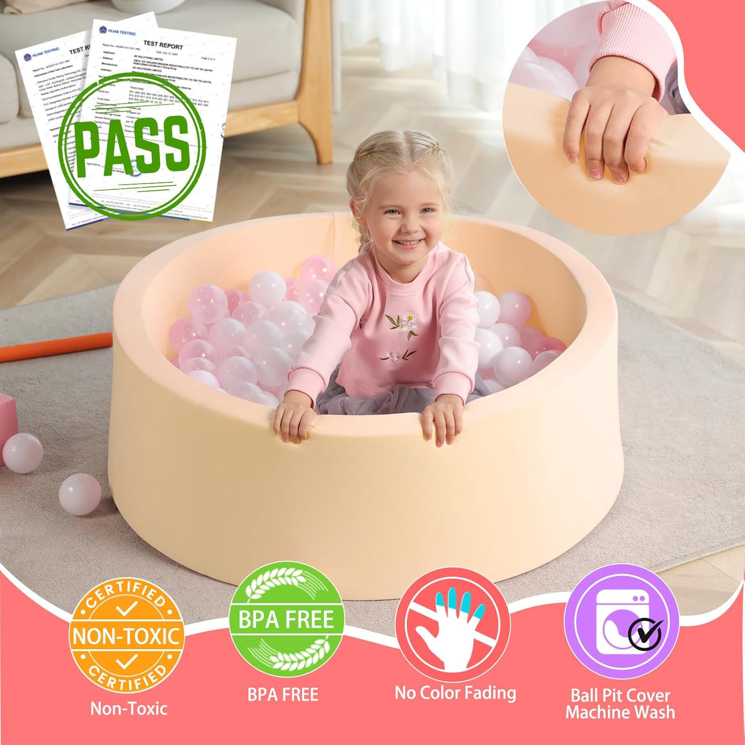 Foam Ball Pit, 36" x 12" Indoor Outdoor Soft Round Ball Pool Playpen Ideal Gift Toy for Kids, Soft Ball Pit (No Balls) - Beige