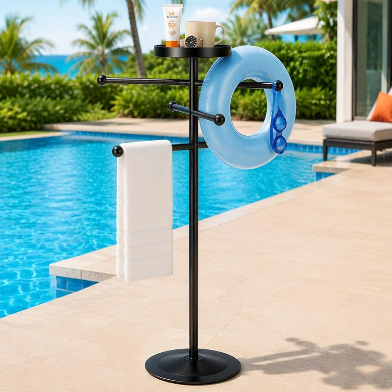 56.6" Pool Tower Rack Outdoor with Stable Metal Base & Storage Tray | Heavy Duty & Rustproof Tower Drying Holder, Portable & Freestanding Hot Tub Accessories for Backyard, Patio, Spa, Beach