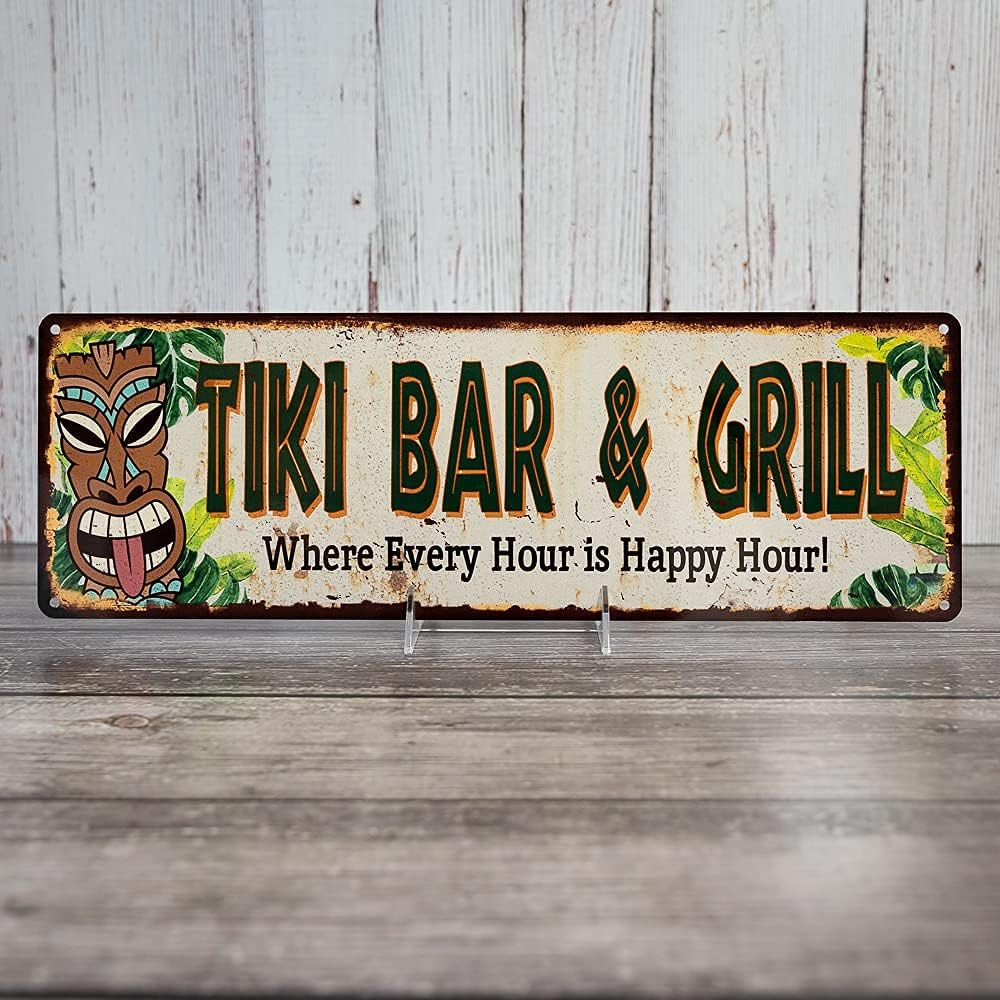 Tiki BAR & Grill Sign Hut Decor Signs Bars Grill Decorations Hawaiian Accessories Patio Beach Surfboard Wall Art Plaque Vintage Tin Gift 6 x 18 High Gloss Metal 206180091034