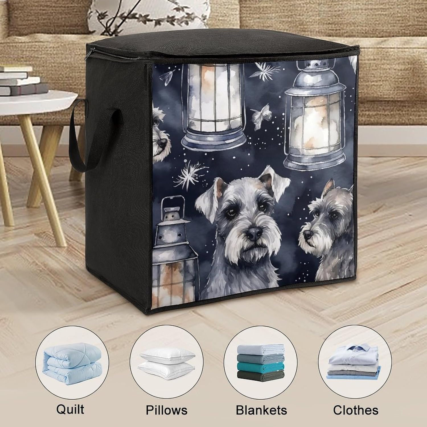 Portable Quilt Storage Bag,Dog And Lantern Printed Foldable Wardrobe Storage Box Foldable Storage Bag with Lids And Handle Large Clothing Storage Bag for Comforters Clothes Blankets Pillows