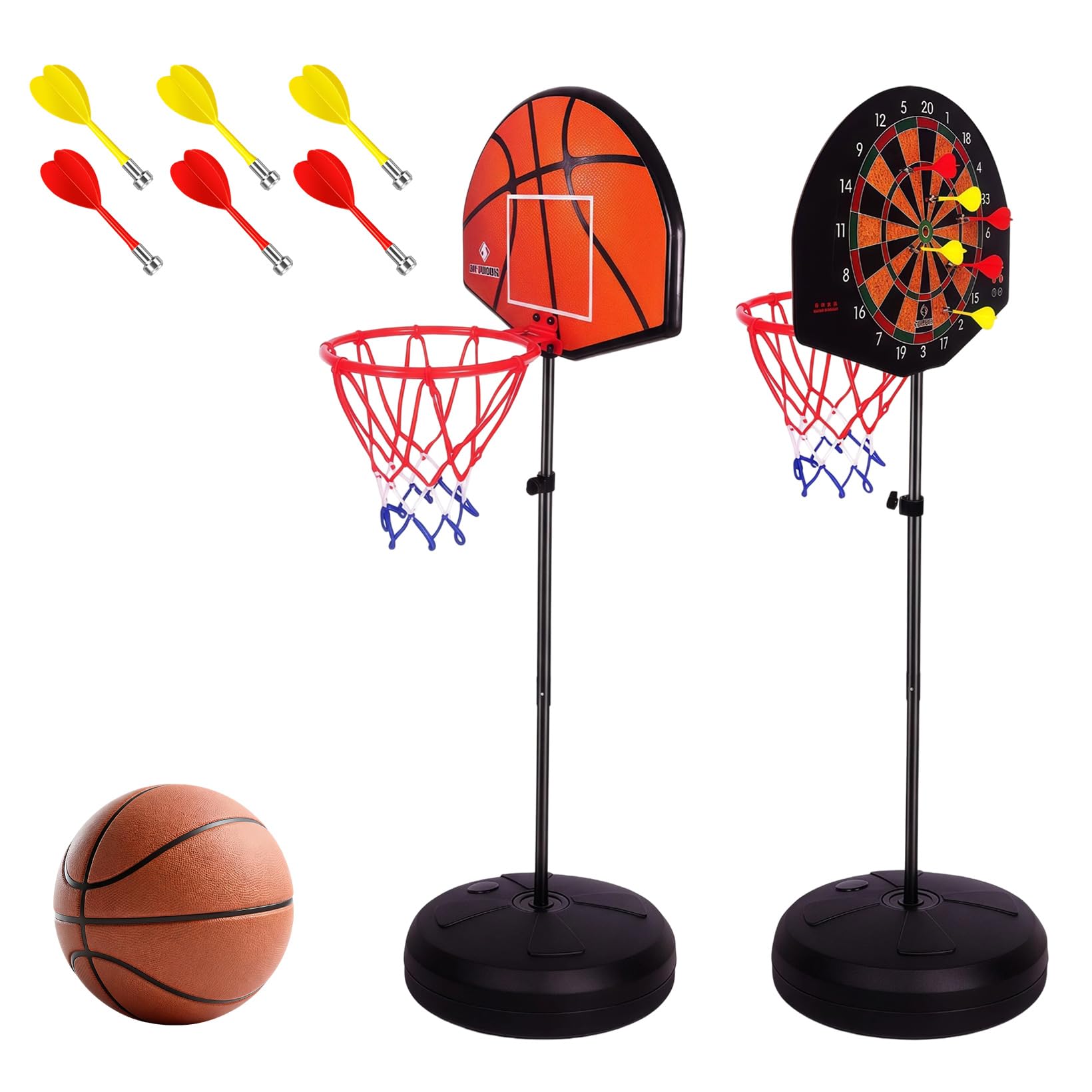 2 in 1 Basketballkorb Outdoor mit Dartscheibe Ständer, Basketballkorb Indoor Outdoor, Dartscheibe mit Ständer, 118-140cm Höhenverstellbar Basketball Korb mit Darts Target BäLlen Pumpe Geschenk