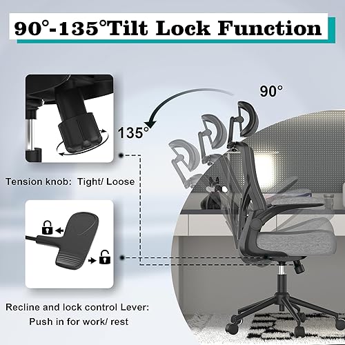 Miniatura 4 de Silla de oficina ergonómica, silla de escritorio de malla con respaldo alto con cojín de espuma moldeada, reposacabezas ajustable, soporte lumbar
