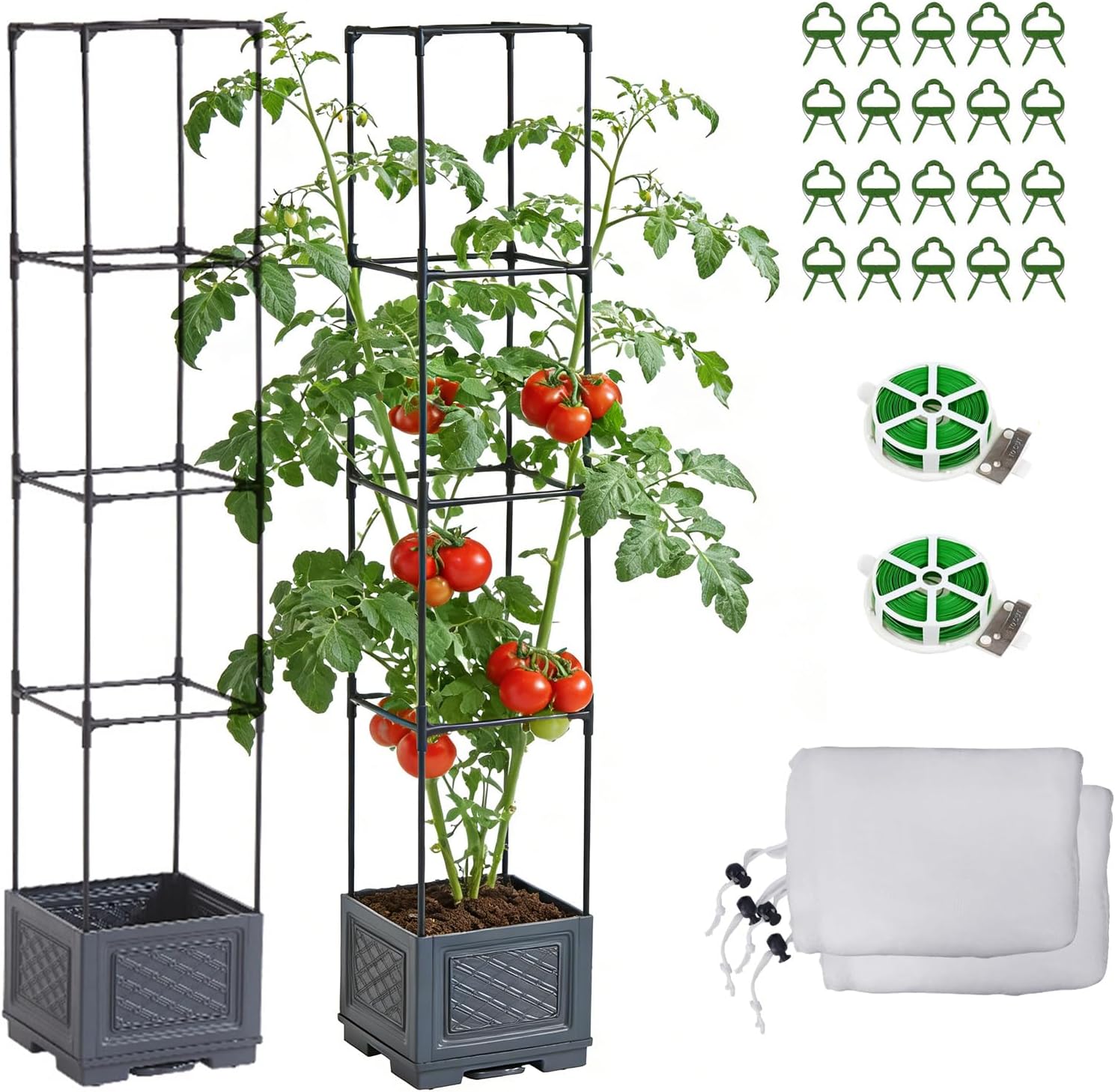 HOMEYA 55 Inch Raised Garden Bed with Trellis, Self-Watering Tomato Planter Box with Hidden Rolling Wheels, Vertical Plant Support Cage for Climbing Vegetables Tomatoes Vine Flowers Indoor Outdoor