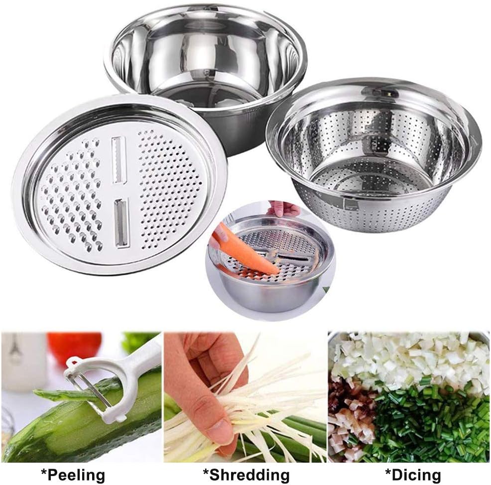Stainless Steel Kitchen Basin Drain Basket Colander Set 3 in 1 Multifunctional Fruit Vegetable Julienne Grater Strainer Fine Mesh Basket Vegetable Rice Washing Bowl Set