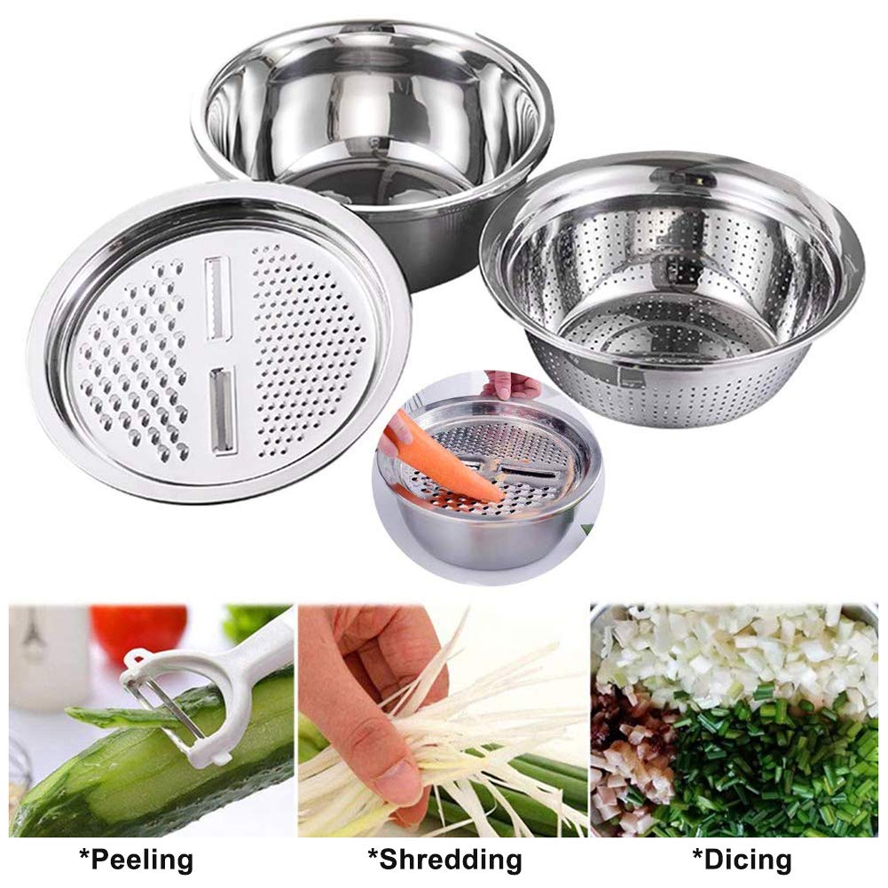 2 in 1 Vegetable Slicer with Bowl, Stainless Steel Kitchen Colanders,Strainer Kitchen Serving Bowl,Vegetable Chopper Drain Basket,Vegetable Chopper Slicer Cutter with Bowl