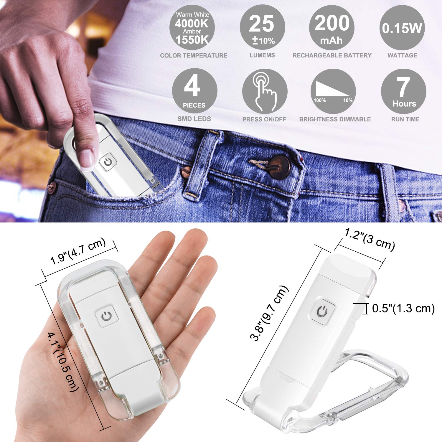 LUXSWAY USB Rechargeable Book Light - Adjustable Brightness, 4000K White & 1550K Amber LEDs, Flexible Gooseneck, Clip-On For Reading In Bed