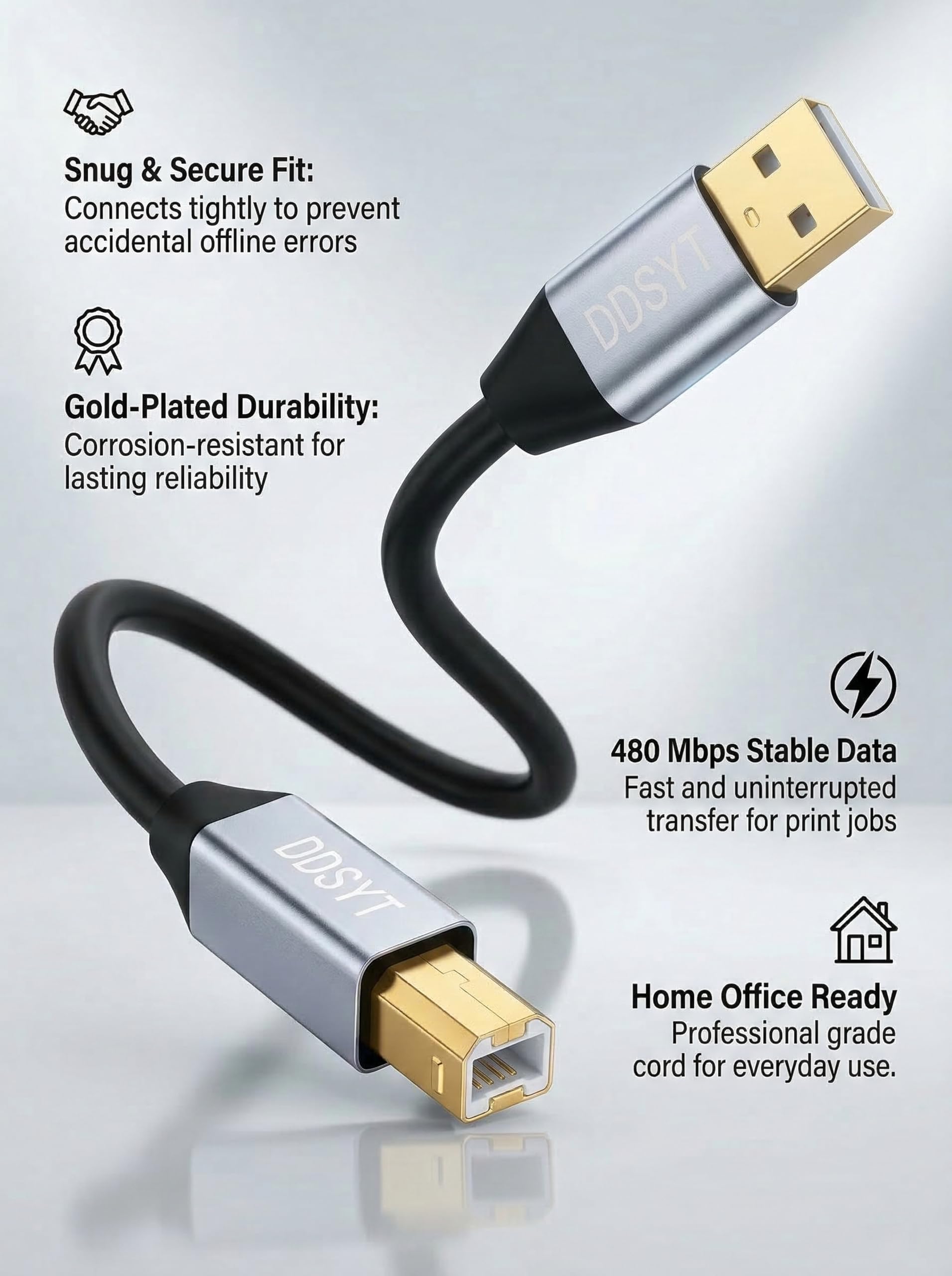 Cavo USB 2.0 per stampante, 1,8 m, USB-A a USB-B 2.0, velocità di trasferimento 480 Mbps, per stampante o disco rigido esterno, connettori placcati oro
