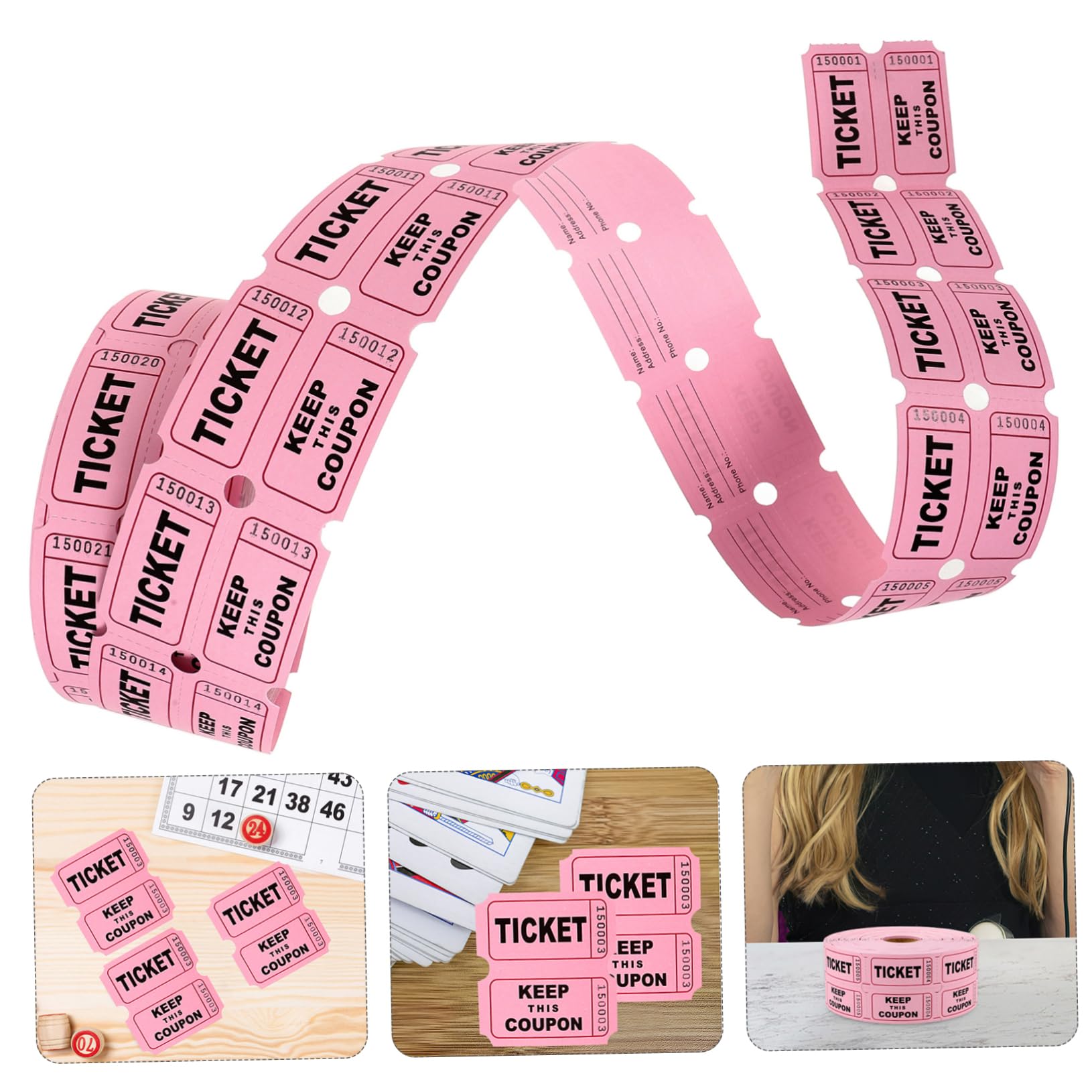 4 Rollos boletos para la rifa de boletos billete falso decoraciones circo Entradas para eventos Boletos de puerta entradas para el aula boletos para la rifa del festival Papel rosa