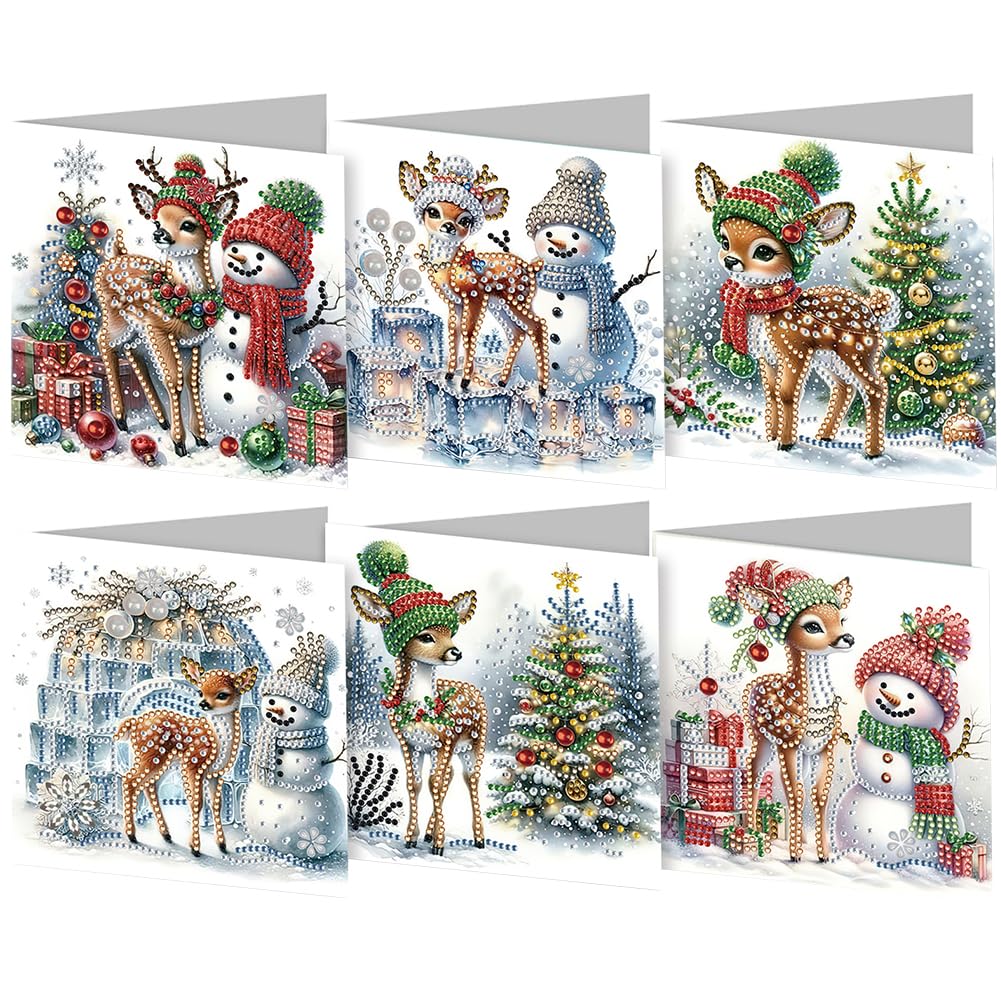 Amzgshop 6Pc Christmas Snowman 6Pcs/12Pcs Christmas Diamond Painting Greeting Card Set, Diy Diamond Art Painting Cards, Folding Greeting Card Crafts - Christmas Elements, Mosaic Handmade Creative Postcards