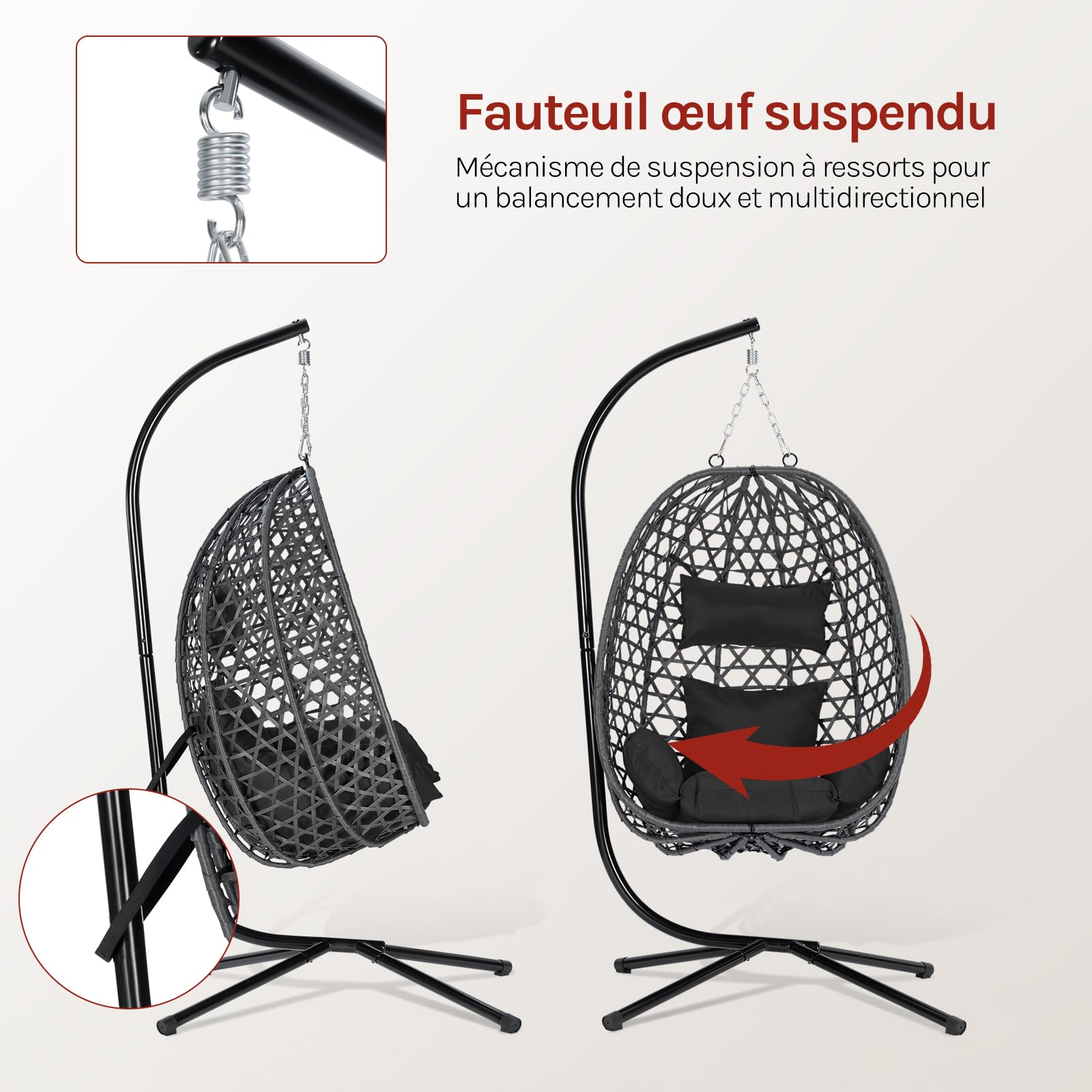 WOLTU Fauteuil Œuf Suspendu, Chaise Hamac Balançoire, avec Support en Métal, Coussin de Siège et Appui-tête, Charge 150 kg, Rotin PE, pour Jardin, Balcon, Terrasse, 102x100x196cm, Noir