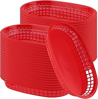 MOUYAT 40 Pack Red Plastic Fast Food Baskets, 10.5 x 6.7 x 1.3 Inch Oval Fast Food Serving Baskets, Food Service Restaurant Hot Dogs Baskets for Serving, Bread, Fried Chicken, Frys, Fruit