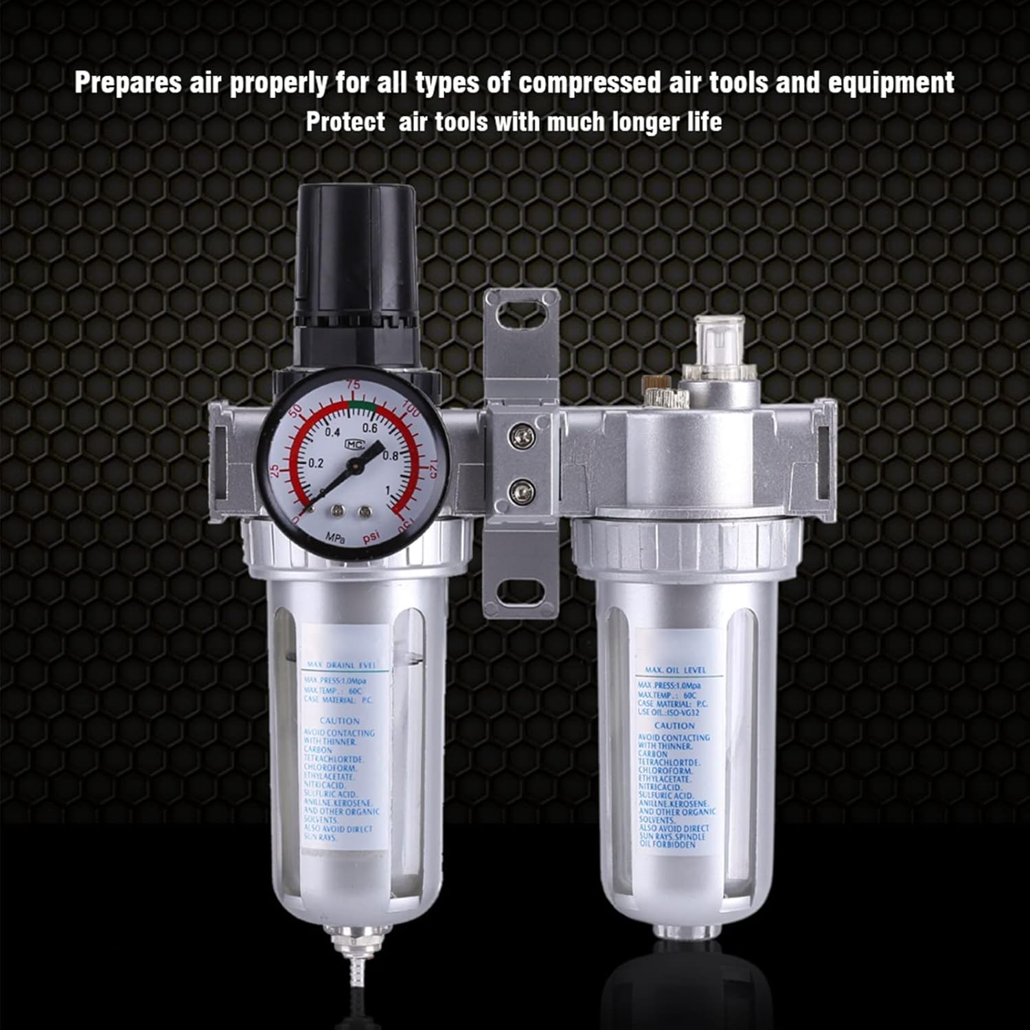 Air Filter Regulator SFC300 3/8" – Air Pressure Filter with Moisture Trap & Oil-Water Separator, Includes Pressure Gauge, for Air Compressor Tools System (Silver)