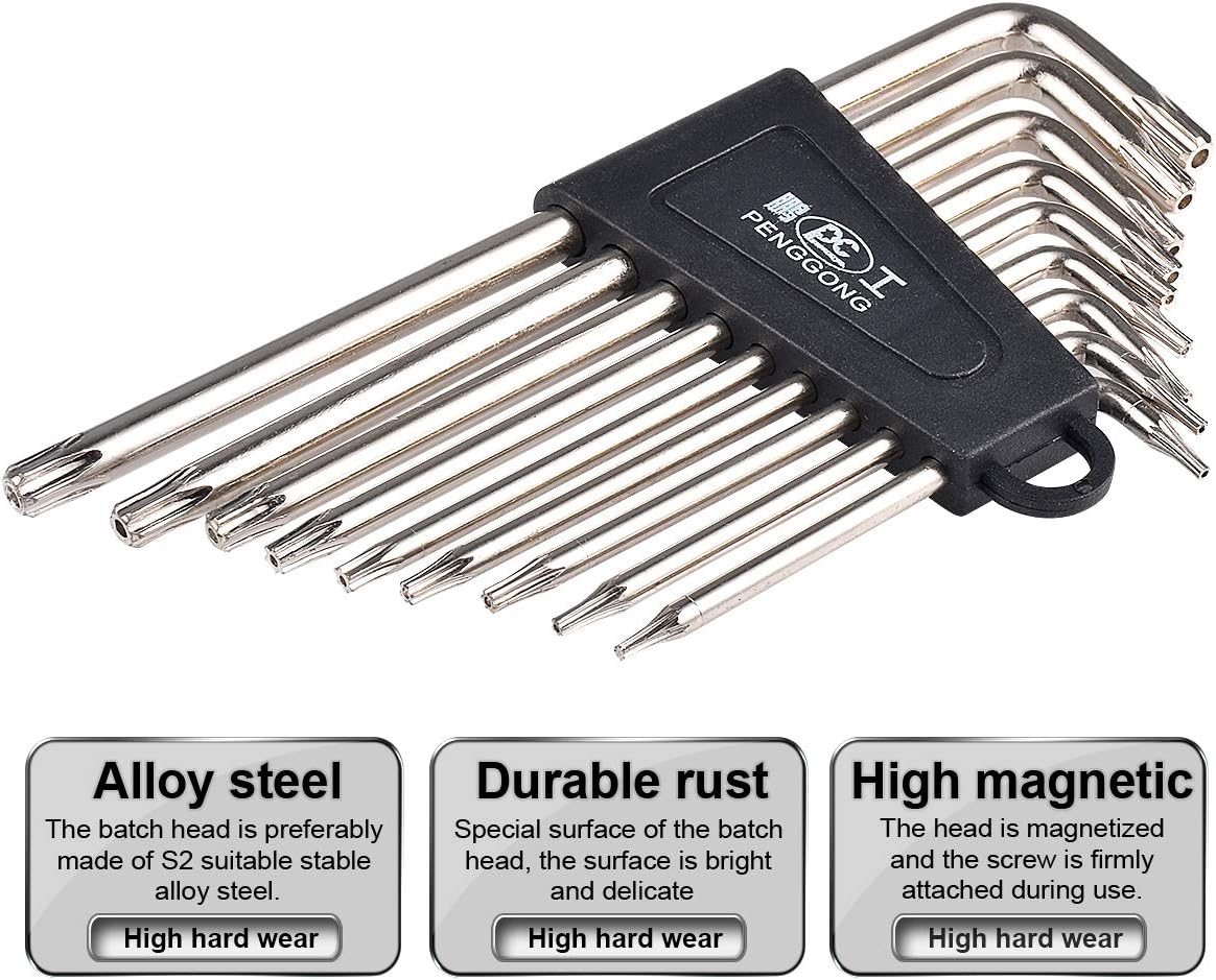 Set of 9 Torx Hex Key Wrench, Long Arm Tamper Proof Star Screwdriver Torque Repair Tool Set, L-Shape, T6 T7 T8 T9 T10 T15 T20 T25 T27