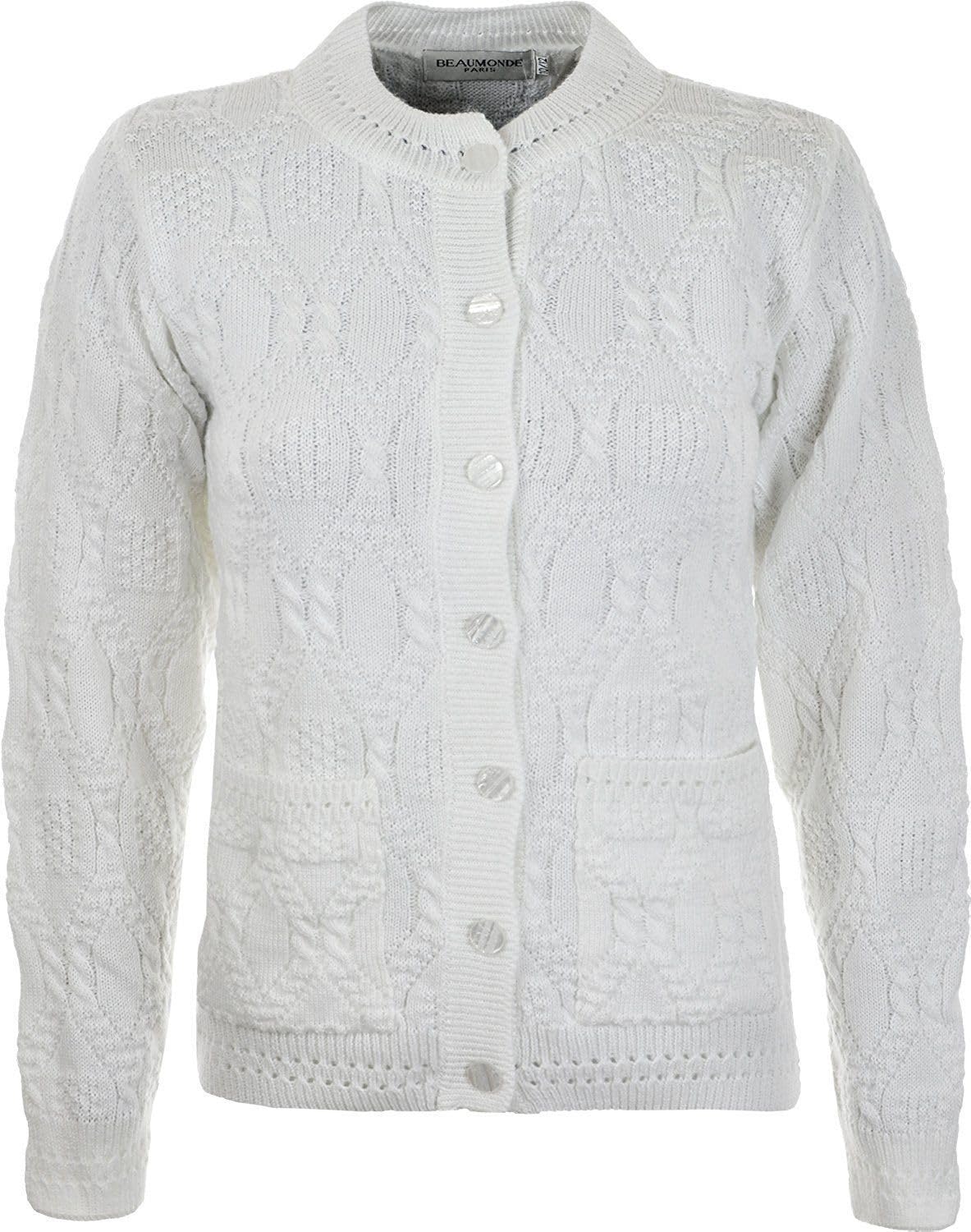 WearAll Women's Ladies Long Sleeve Button Top Aran Knitted Cardigan Button Clouse Crew Neck UK (22/24, White)