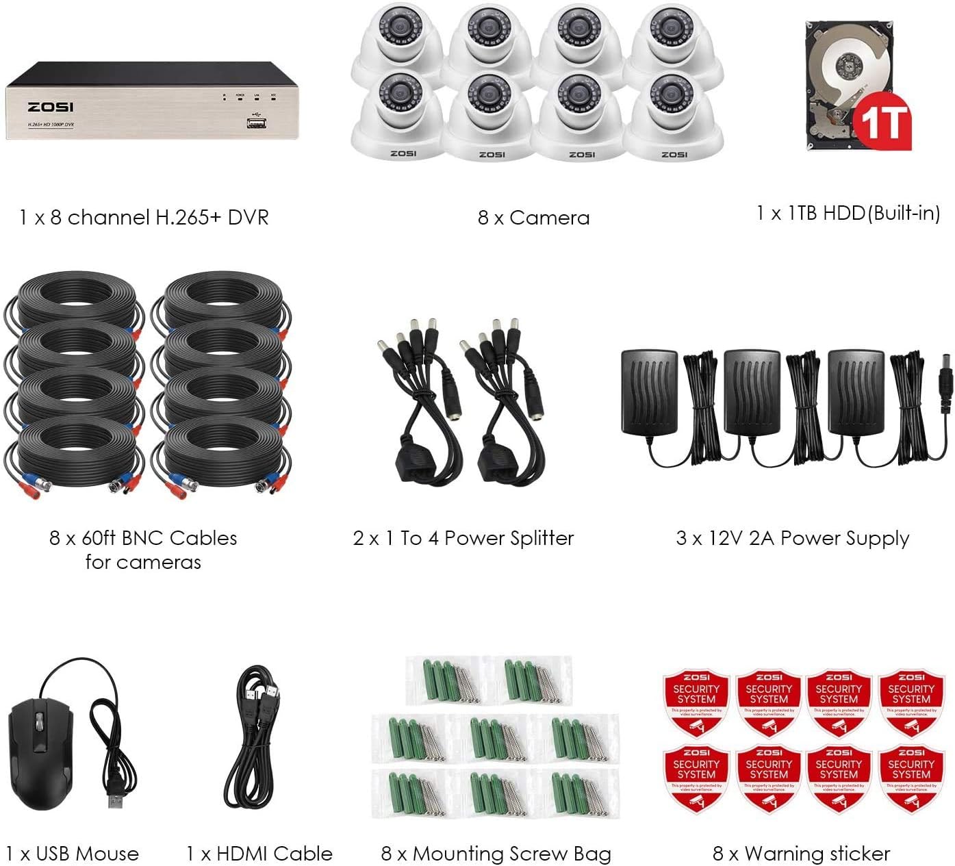 ZOSI 8CH 1080P Security Camera System with 1TB Hard Drive, H.265+ 8 CH 5MP Lite HD-TVI DVR Recorder and 8pcs 1920TVL Weatherproof CCTV Dome Cameras Indoor Outdoor, Remote Access (Renewed)
