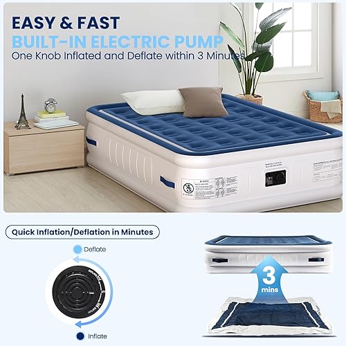 Miniatura 7 de KINGJERRY Colchón de aire Queen con bomba incorporada, 4 asas portátiles, comodidad elevada de 18 pulgadas, a prueba de fugas, diseño anticolapso,