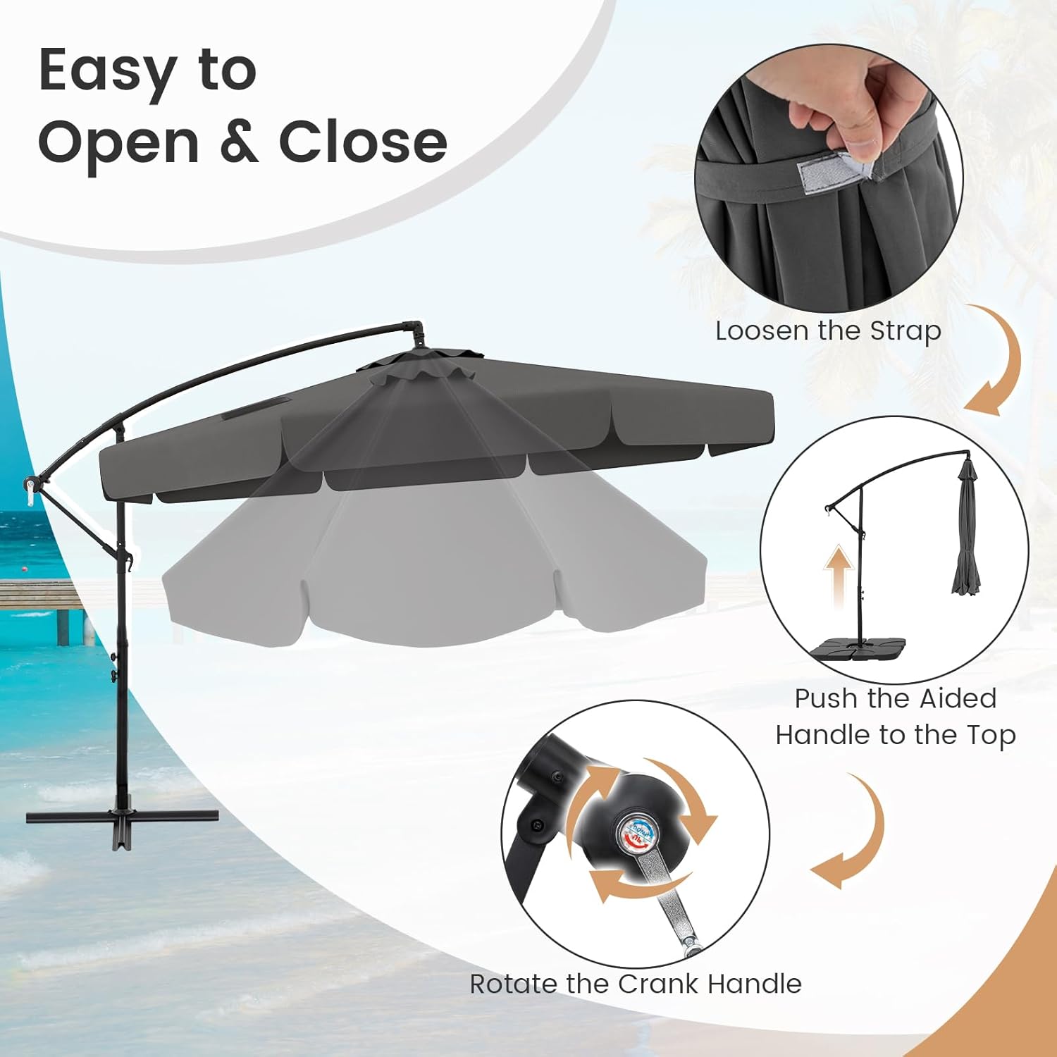 HAPPYGRILL 10FT Offset Hanging Umbrella with Cover, Patio Cantilever Umbrella with Easy Tilt Adjustment, Crank, 8 Ribs, Ruffled Edges, Outdoor Parasol for Poolside Garden