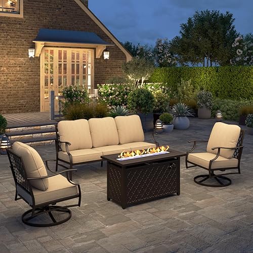 Miniatura 9 de HERA'S HOUSE Juego de muebles de patio de 4 piezas con mesa para fogata, 2 sillas acolchadas giratorias, sofás de 3 asientos con mesa para fogatas