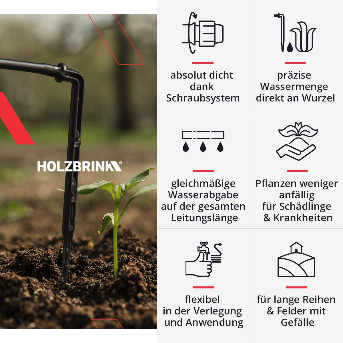 HOLZBRINK Avviatore di irrigazione per serra, irrigazione a goccia, impianto di irrigazione: tubo da 50 m LDPE 20 mm, 6x gocciolatori 8l/h, HTB-09-B-50