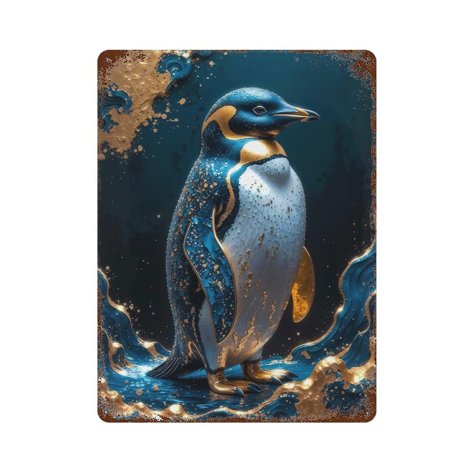 Gold Penguin Kintsugi Art Rusty Metal Tin Sign 15.7"x11.8", for Shed, Workshop And Garage Wall Decor, Shabby Chic Decor