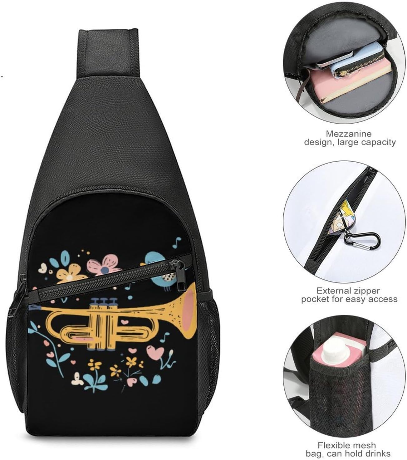 Cute Trumpet Birds Flowers Crossbody Sling Backpack Chest Bag Daypack | unisex,trendy,with convertible and detachable shoulder strap,side pockets