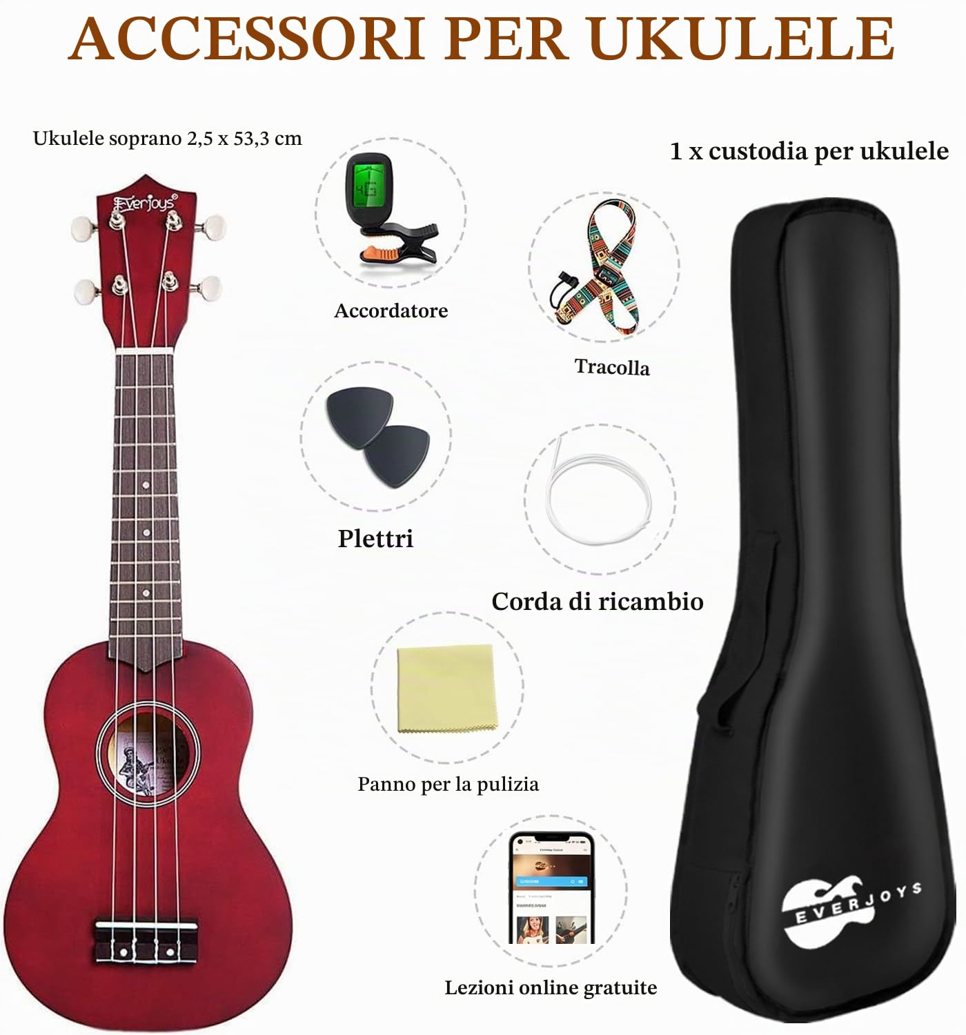 Everjoys Ukulele Soprano per Principiante Adulto Uculele da 21 Pollici con Borsa, Accordatore, Corde Aggiuntive, Cinturino, Plettri, Mogano