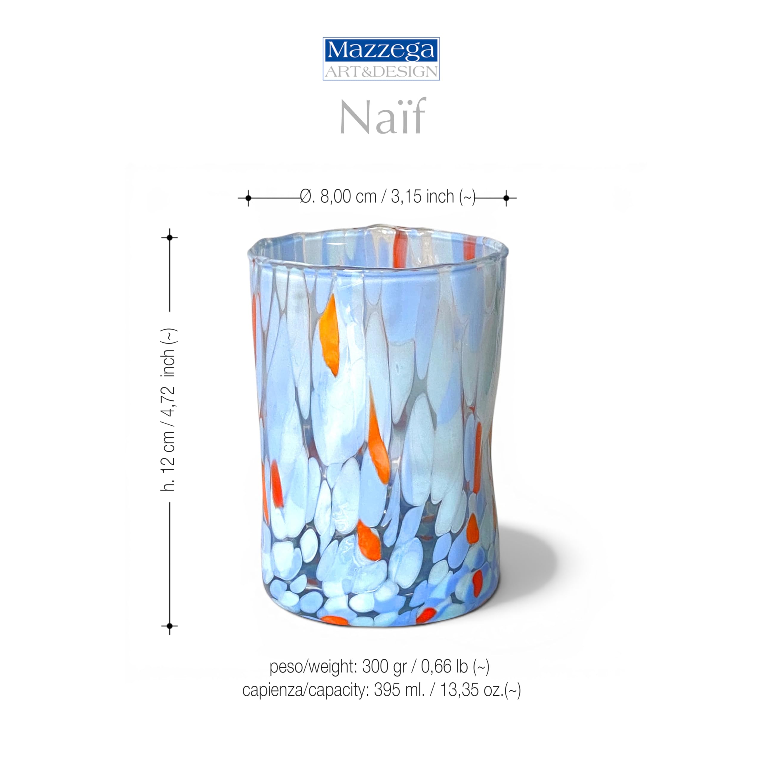 MAZZEGA ART & DESIGN - 6 Verres en Verre Soufflé à la Main, Fabriqués à la Main avec des Granules de Murano Colorés, pour Eau et Boissons Fraîches, 395 ml, 12 cm de haut. Livraison Droits Payés