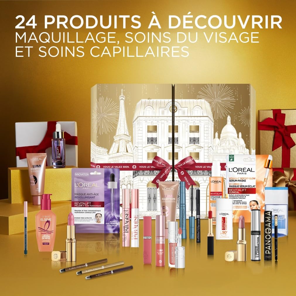L'Oréal Paris - Calendrier de l'Avent 24 Jours - Coffret Cadeau Noël - Maquillage, Soins Visage et Cheveux - 24 Produits de Beauté Incontournables en Taille Réelle