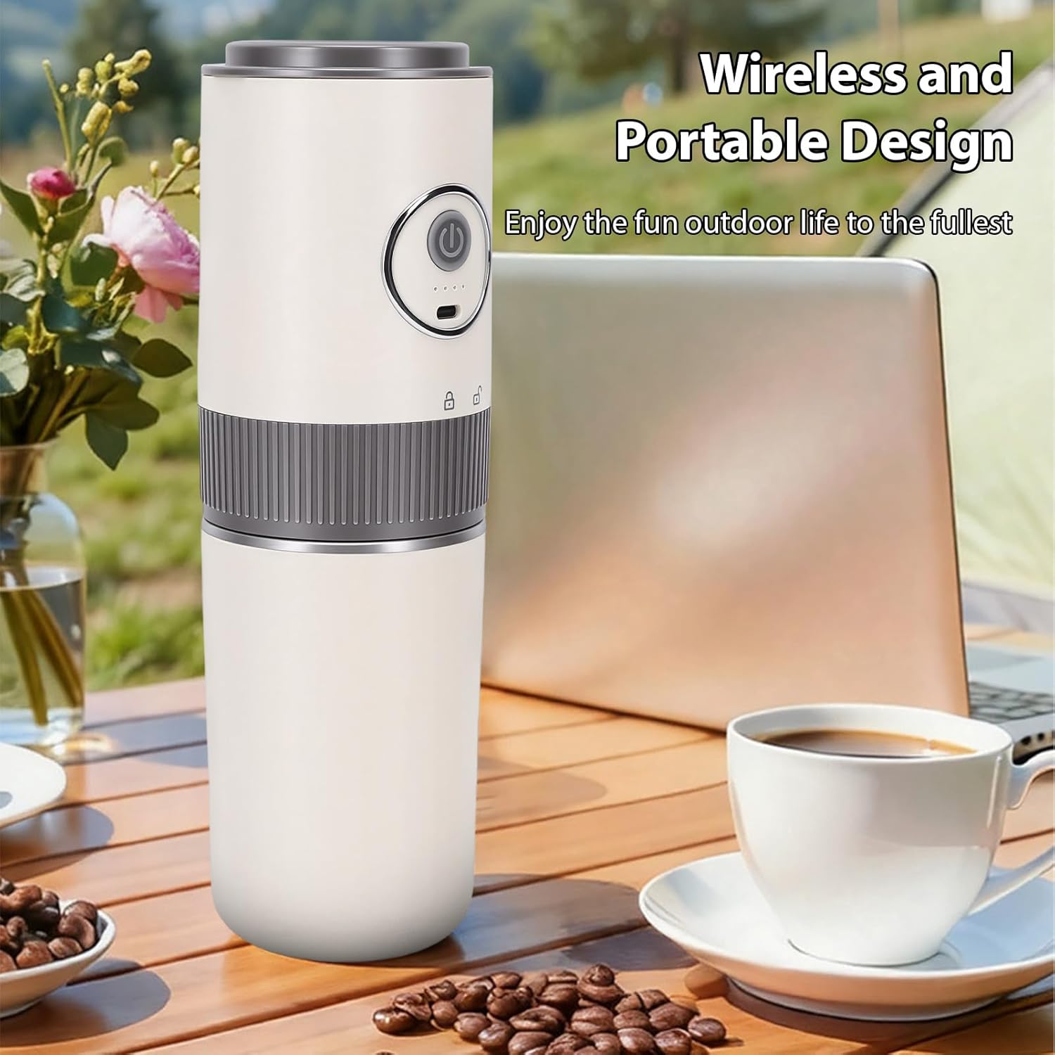HEEPDD Portable Electric Coffee Grinder, Stainless Steel Conical Burr Grinder with Reusable Fine Mesh Filter 350ml Cup for Camping Office Travel (White)