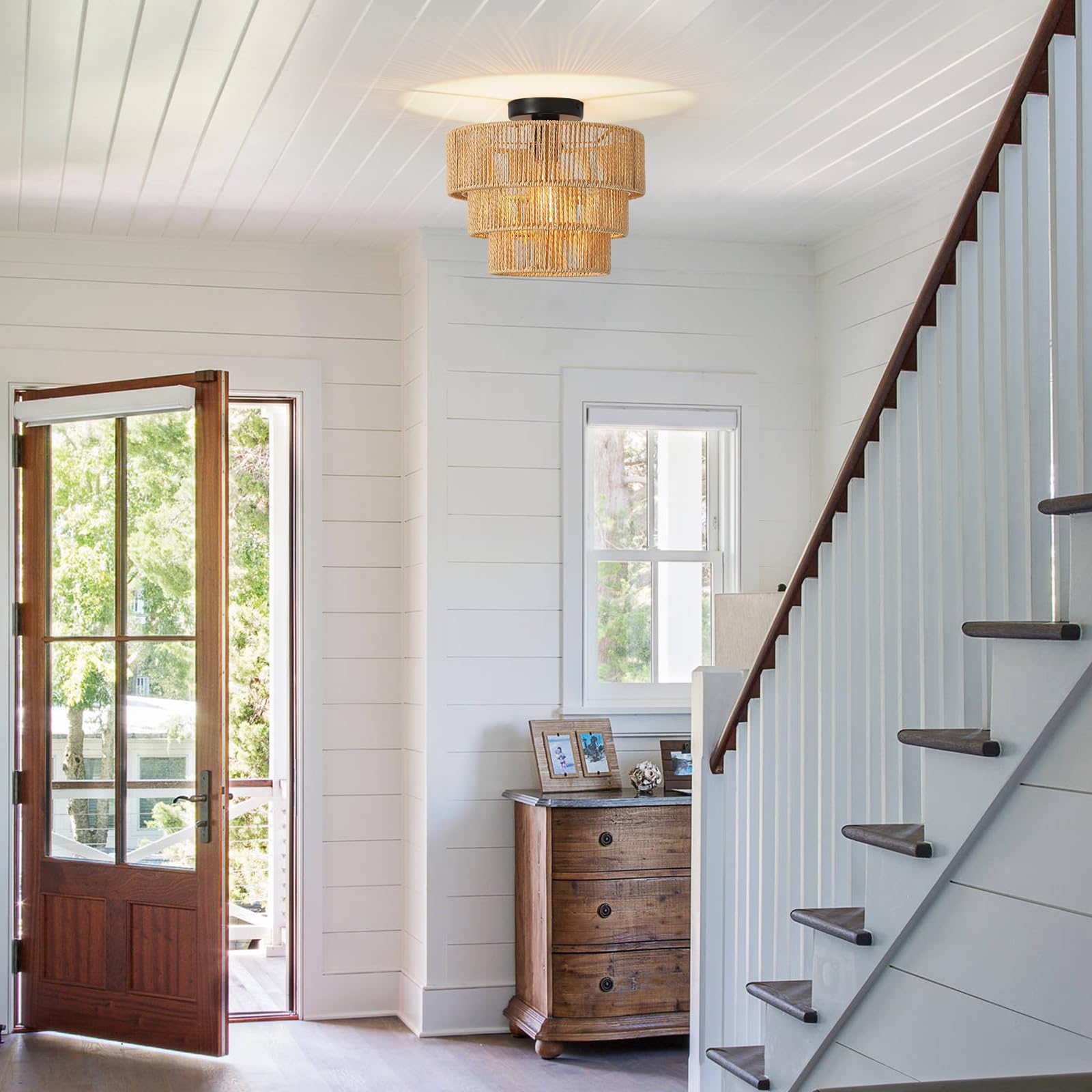 Deckenleuchte Rattan, 3 Lagen Boho Lampe Decke mit Natürlicher Rattan Lampenschirm, E27 Vintage Kronleuchter, Rustikal Braun Deckenlampe Für Wohnzimmer Schlafzimmer Esszimmer Küche Flur