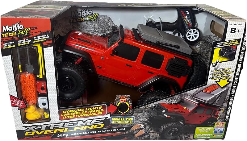 Maisto Tech RC Xtreme Overland Jeep Wrangler Rubicon – 4WD Remote Control Off-Road Truck with Working Lights, Rechargeable Battery & Winch, 1:16 Scale, Ages 8+ - Color May Vary