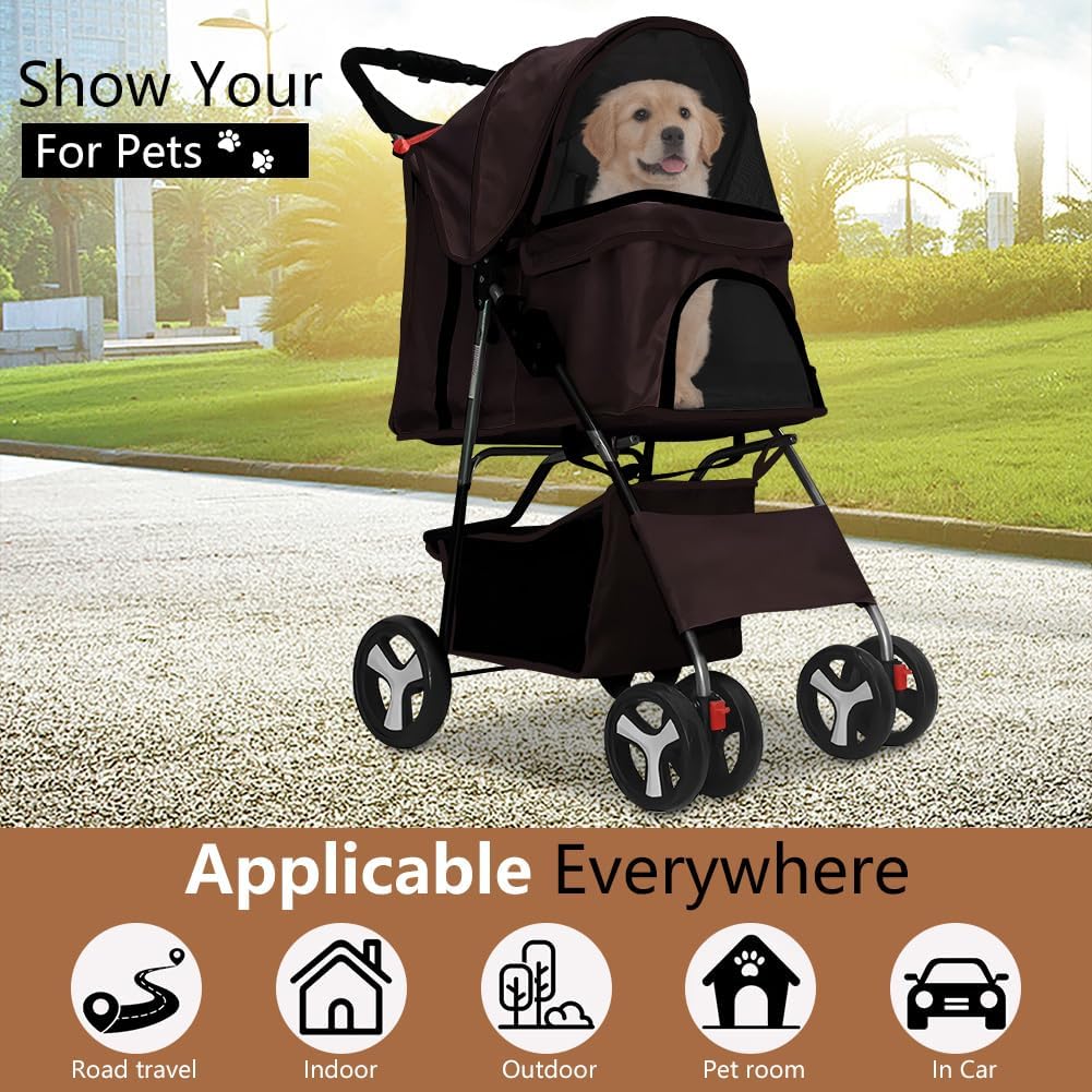 Pet Stroller 4 Wheels, Foldable Cat Dog Cage Stroller Travel Carrier Strolling Cart with Cup Holder & Storage Basket Doggie Strollers (Brown)