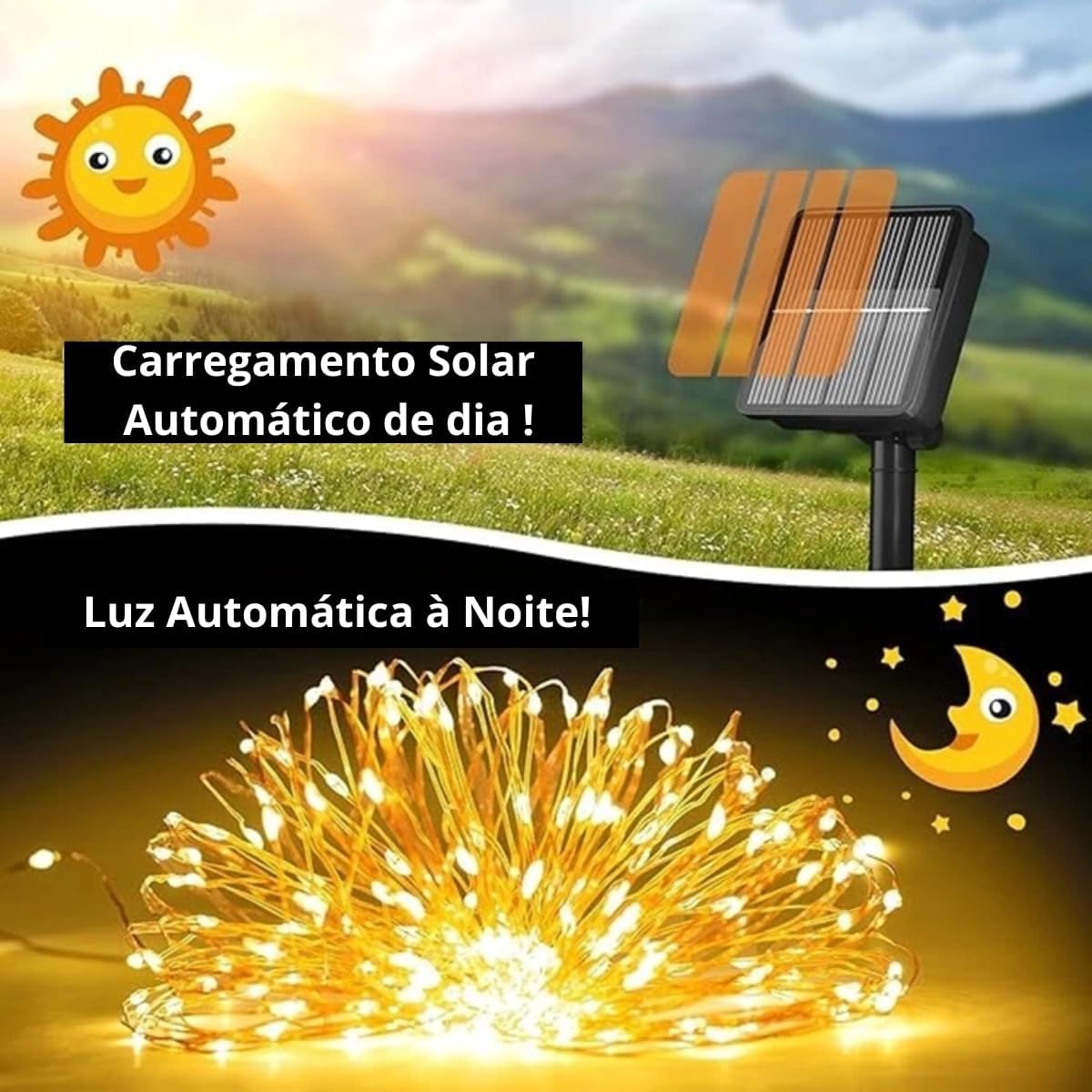 Fio fada LED Solar para Decoração, 100 LEDs, 10 Metros, Iluminação para Natal e Jardim, 8 Modos, Areas Externas (Branco Quente 100 Leds)