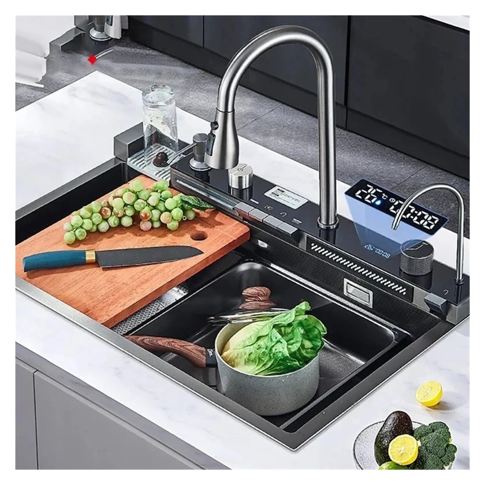Fregadero De Cocina En Cascada Acero Inoxidable 304, Juego Grifería Con Pantalla Digital Integrada Ranura Única, Dispensador Jabón, Lavadora Tazas FáCil De Limpiar Y Mantener