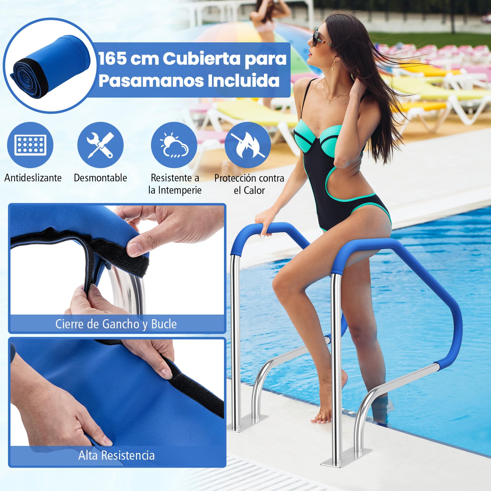 COSTWAY Barandilla Piscina de Acero Inoxidable 304, Pasamanos de Piscina de 119 x 79 cm, Carga 250 kg, con Funda Antideslizante Extraíble y Base de Instalación Rápida, para Escalera Piscinas, SPA (1)