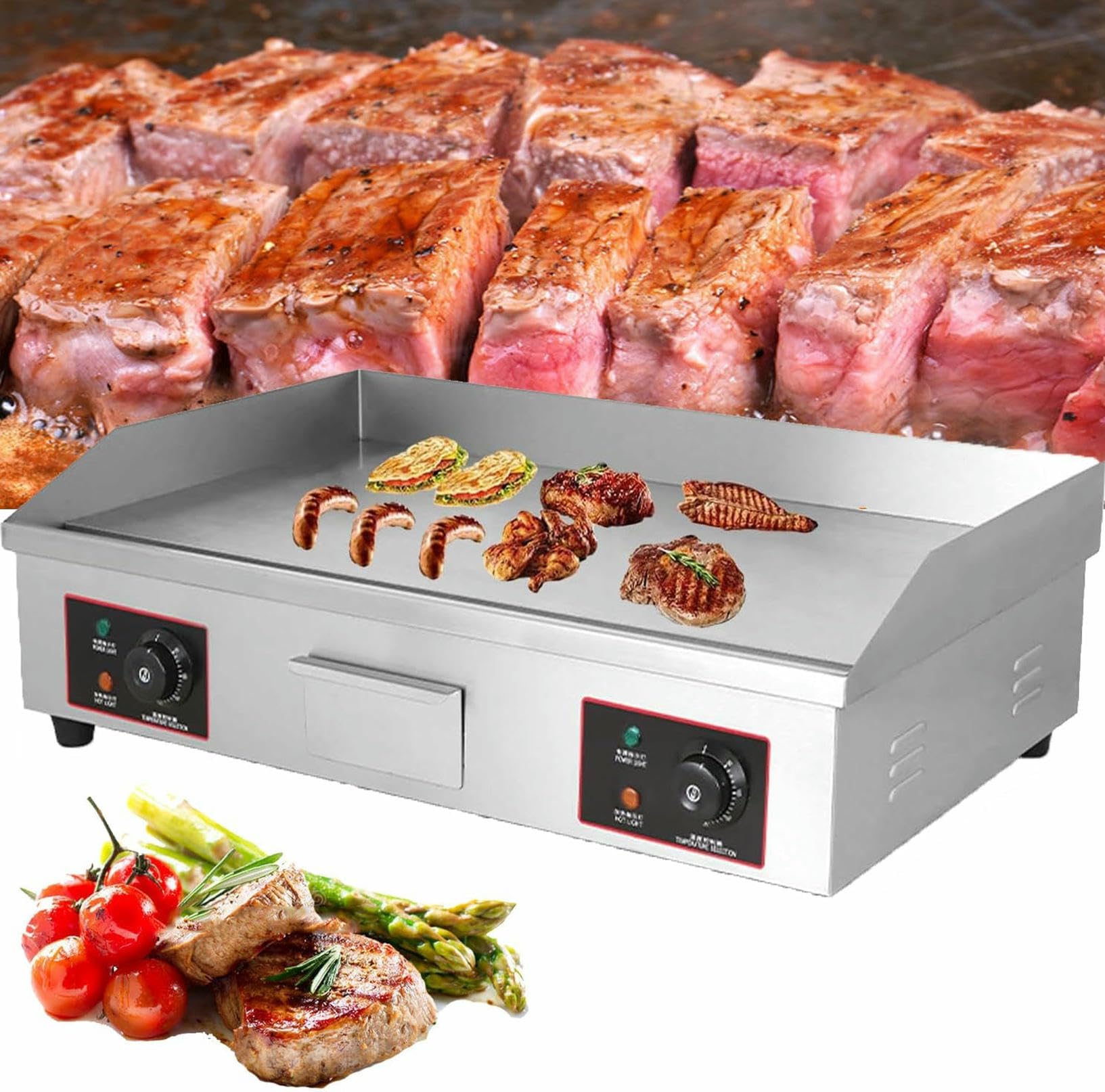 FHRKA Commercial Electric Griddle, 4400W Electric Flat Top Grill, Stainless Steel Electric Countertop Griddle w/Drip Hole (822)
