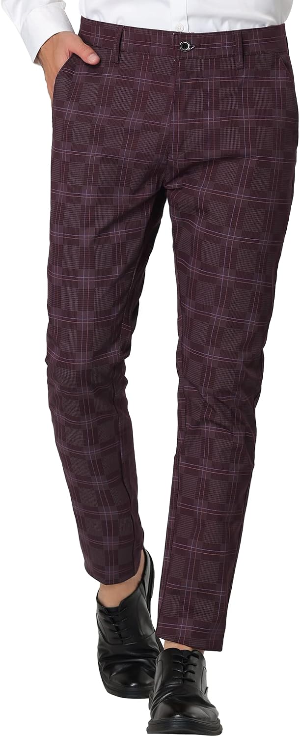 Lars Amadeus Men's Plaid Dress Pants Slim Fit Flat Front Business Check Trousers