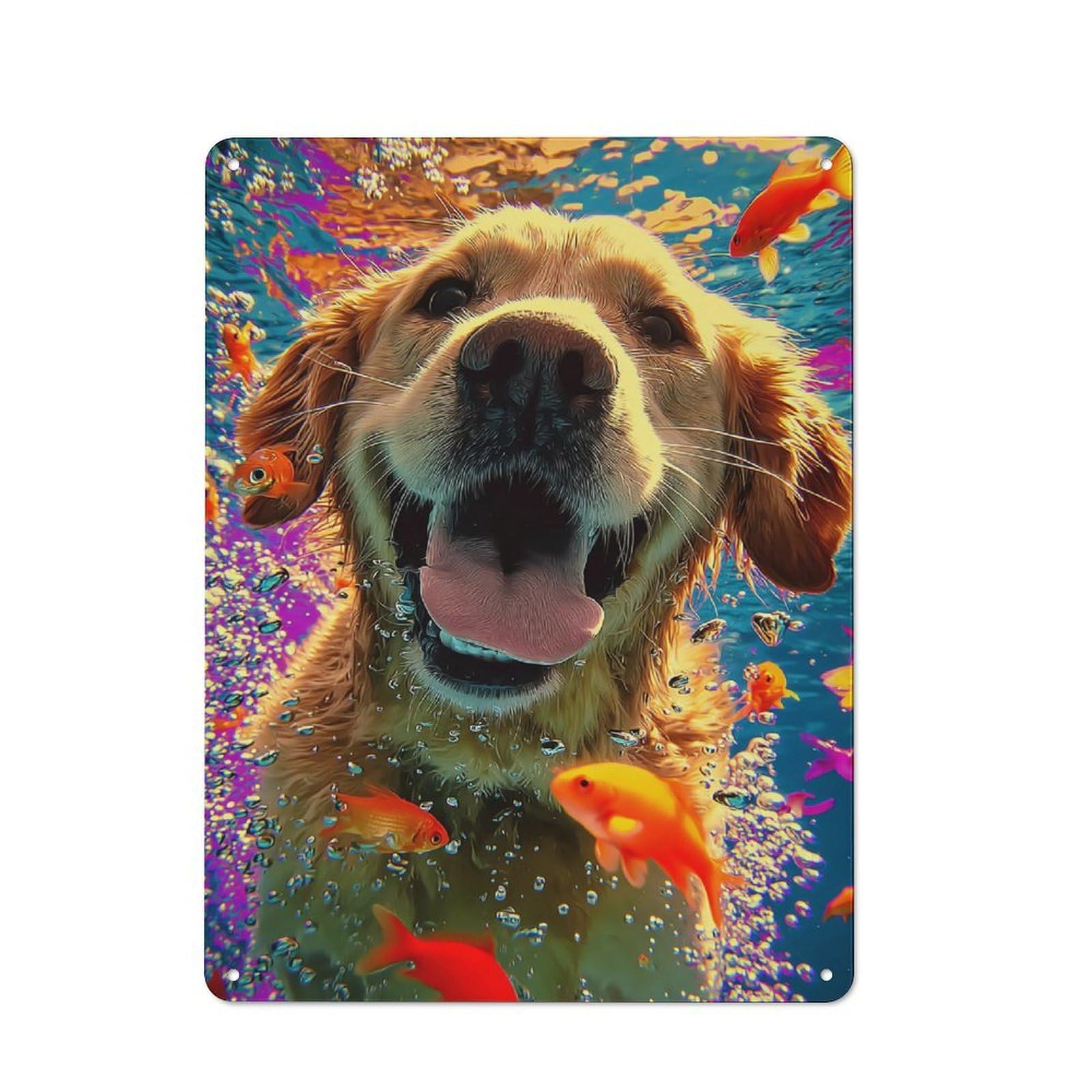 Junmoney Underwater Adventure With Golden Retriever -1 Tin Wall Plaque 40X30cm With For Garage Or Workshop, For Kitchen, Dining Room And Home Bar Wall Decor