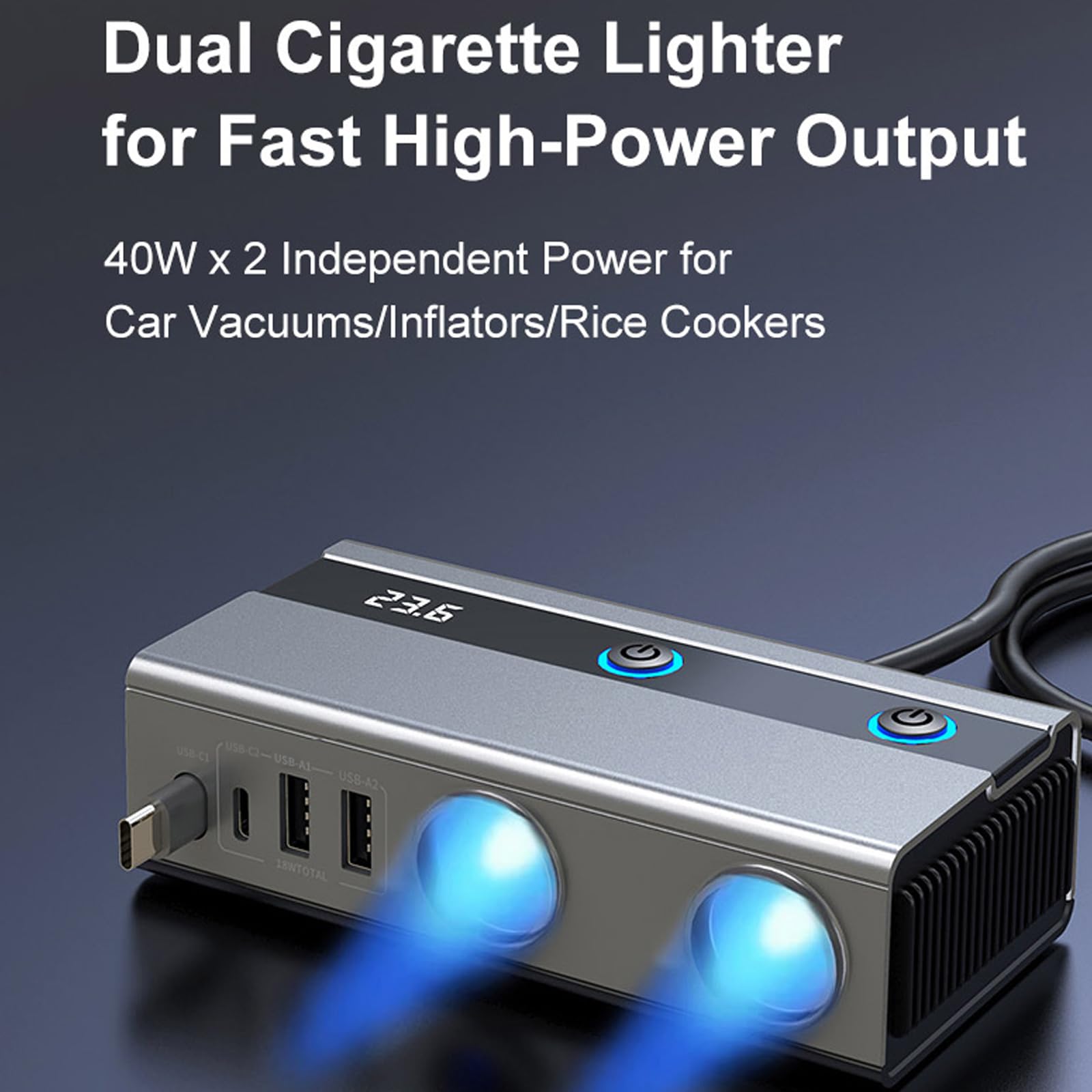 Adattatore per presa accendisigari con cavo retrattile di tipo C per ricarica del telefono e USB/multiporta per una rapida ricarica