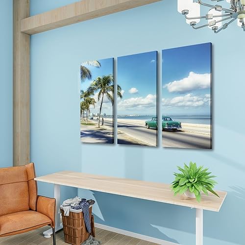 Miniatura 3 de 3 paneles de lienzo para pared, diseño vintage antiguo de auto verde malecon cienfuegos Cuba, póster impreso en lienzo, obras de arte para