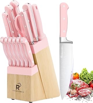 Kitchen Knife Set,14-Piece Triple Riveted Knife Block Set, High Carbon-Stainless Steel Chef Knife set,Razor-Sharp Knife Set with Wood Block,Cutlery Knife Set,Durable & Dishwasher Safe Pink