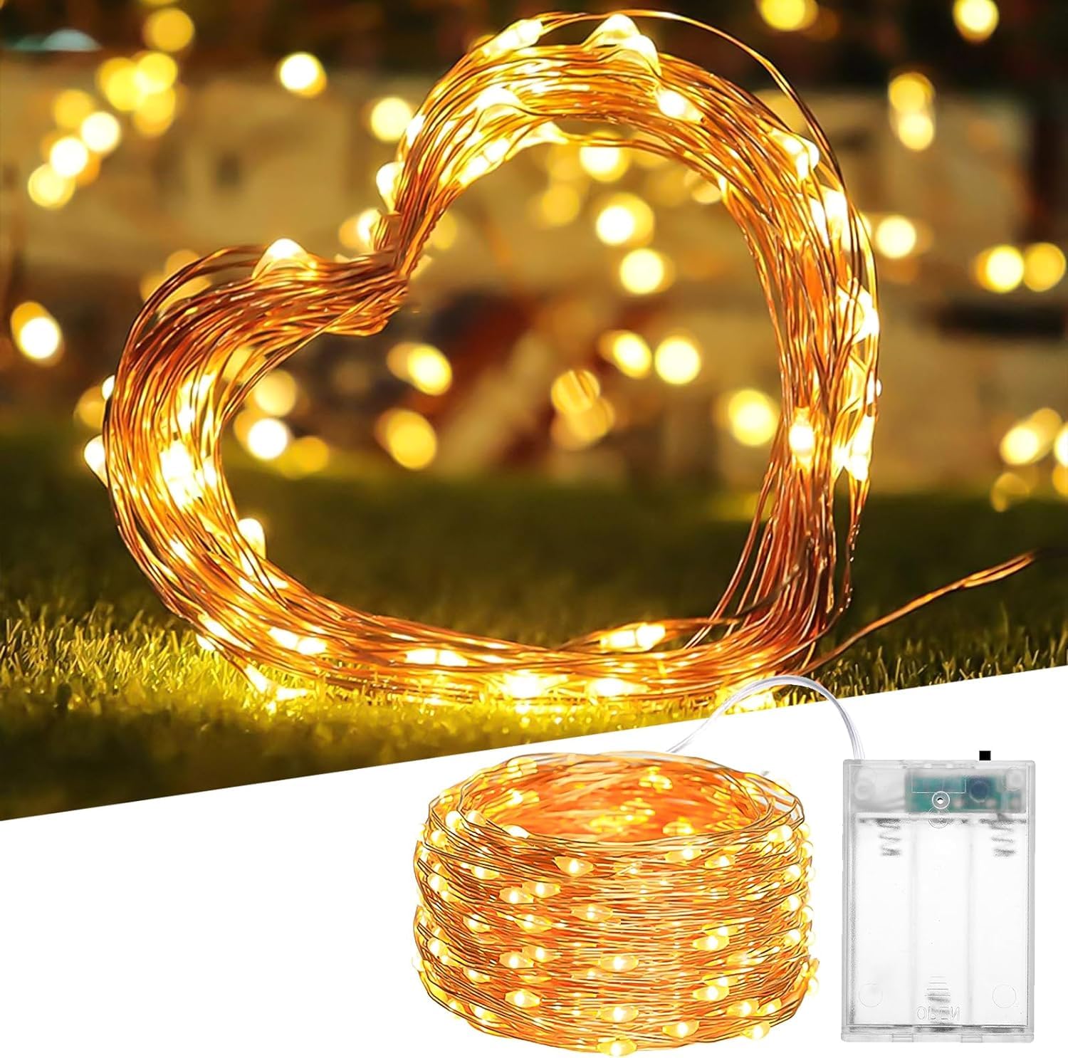 Shatchi 100 LED Fairy String Lights - Copper Wire - Battery Operated - Warm White - 10m