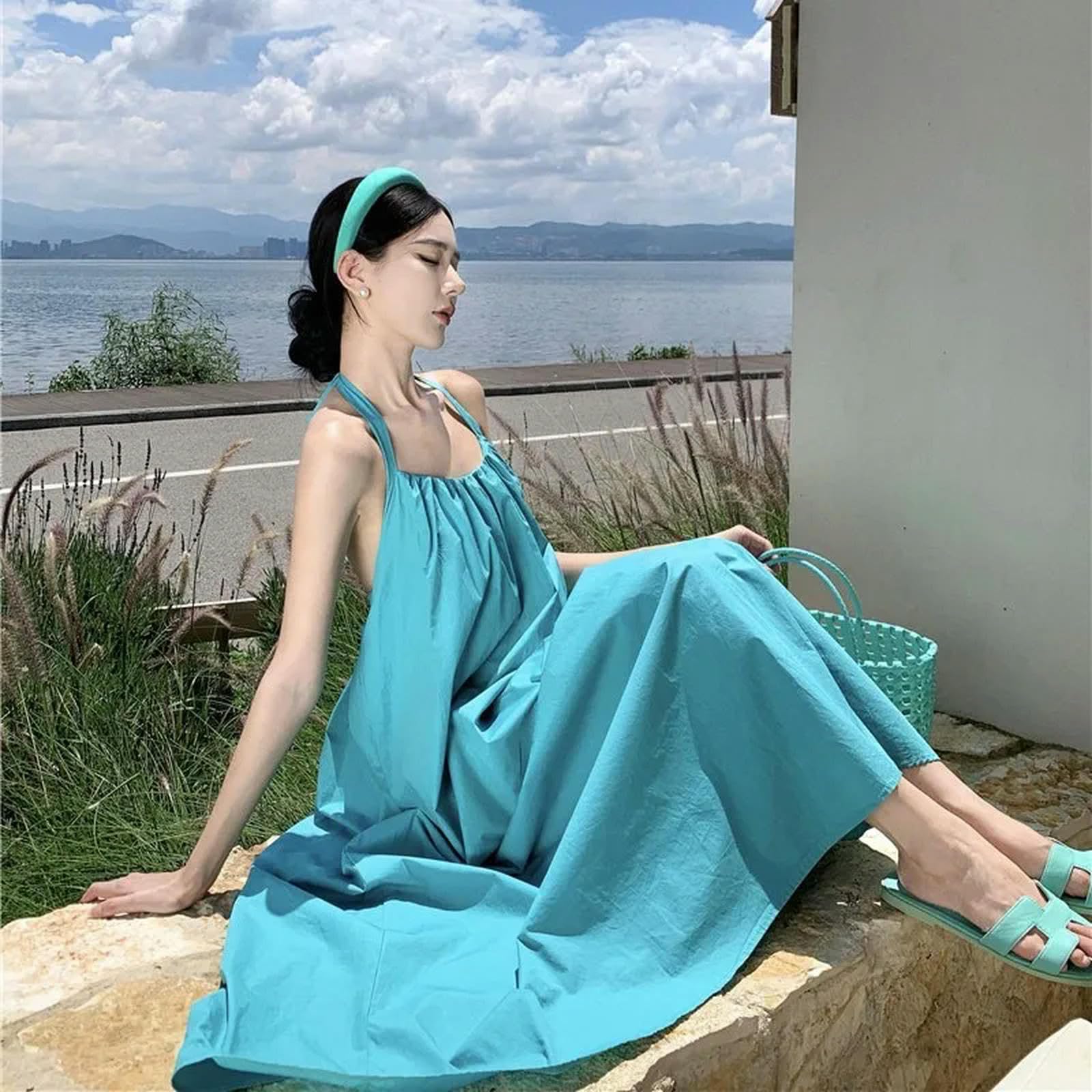 Gonne da Donna Womens Sims Drest Holiday Style Halter Halter Deste Senza Schienale Donne Abito Estivo Abito Summer Midi Abiti Unici Sciolti