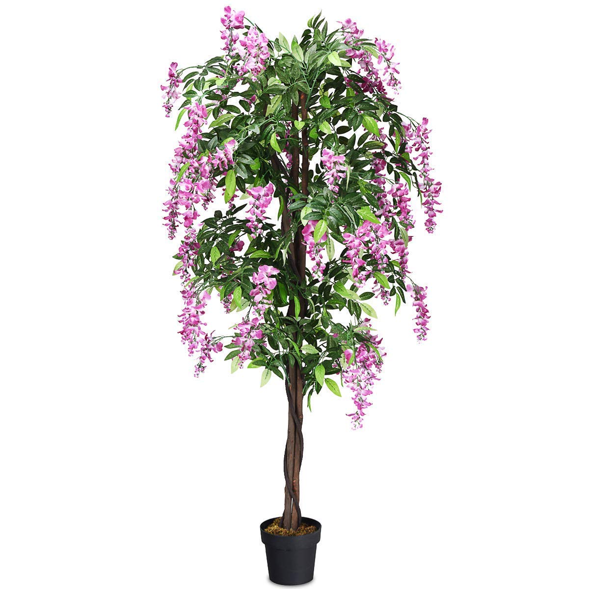 COSTWAY Pianta Finta da Interno da 180 cm | Albero Artificiale con Fiore Glicine, 1260 Foglie Realistiche, 2 Tronchi e Vaso Stabile, per Casa, Negozio e Ufficio