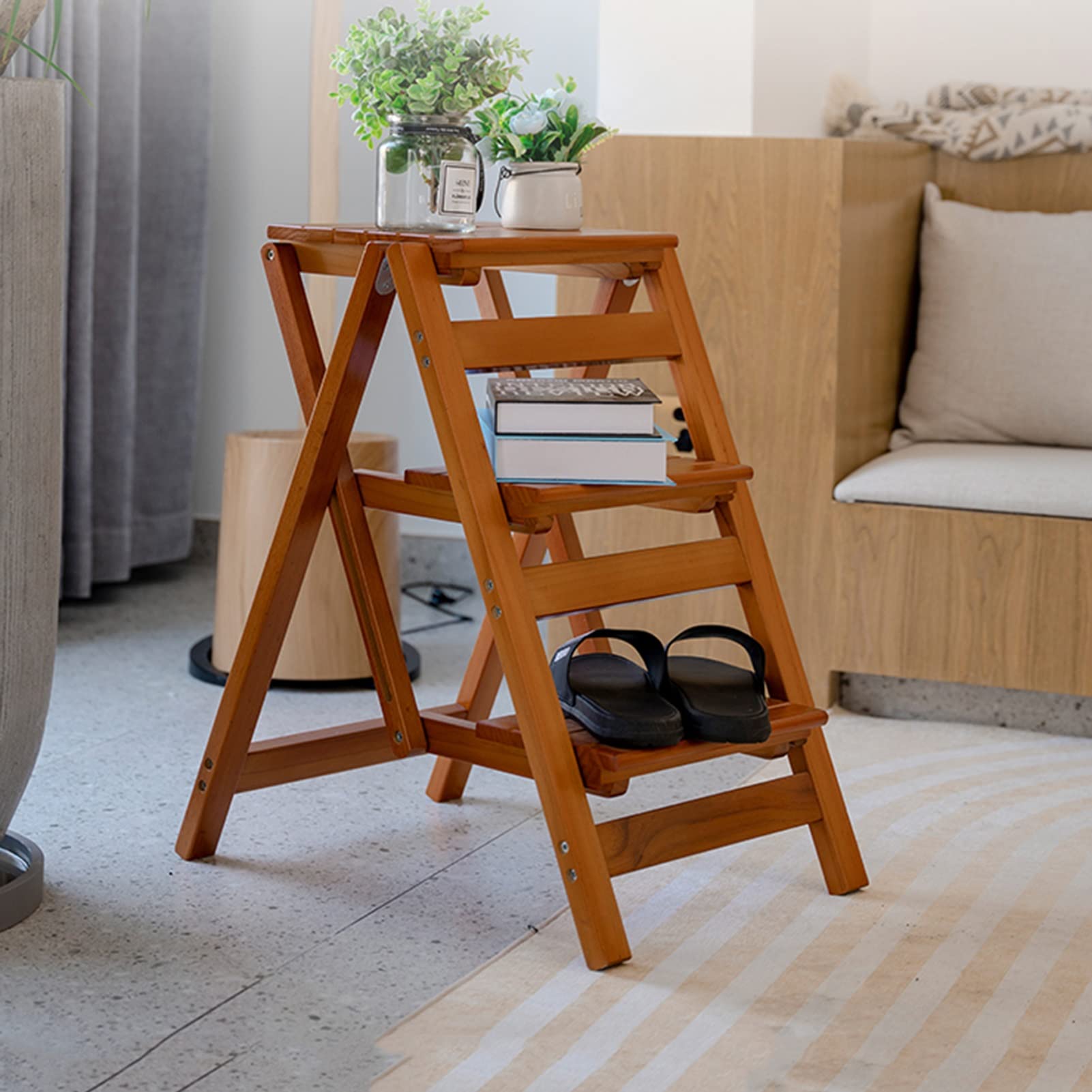 Haushaltsleiter Tritthocker 3 Schritte Leiterstuhl Holzleiter Hocker, Falttreppenstuhl Home Küche Bibliothek Multifunktions Faltbare Stufe Hocker Leiter Rack Beweglich