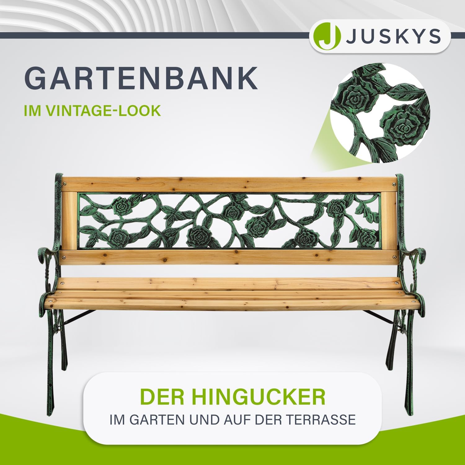 Juskys Gartenbank Venezia - 2-Sitzer Holzbank mit Armlehnen & Rückenlehne - wetterfeste Sitzbank 122x54x73 cm - Seitenelemente aus Gusseisen