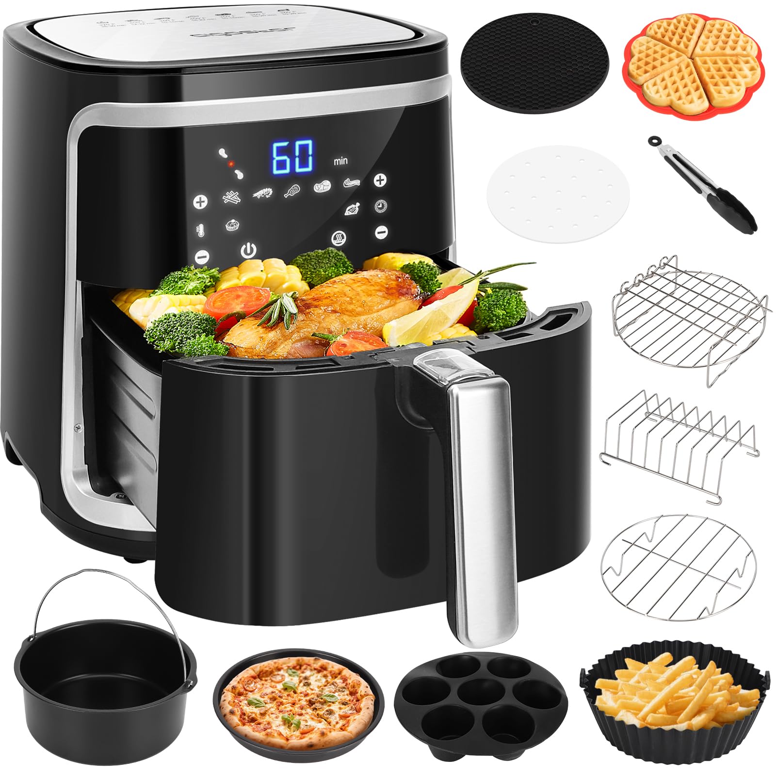 Aigostar Heißluftfritteuse XXL 7L/2Kg + Doppelter Unabhängiger Korb & 12-in-1 Zubehörset für Fritteusen ≥5.5L