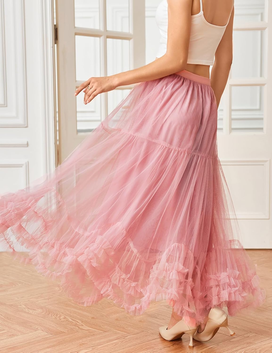 COZYPOIN Maxi Tulle Skirts for Women Elastic High Waisted A Line Long Layered Tutu Mesh Ruffles Tiered Flowy Fairy Skirt - Image 5